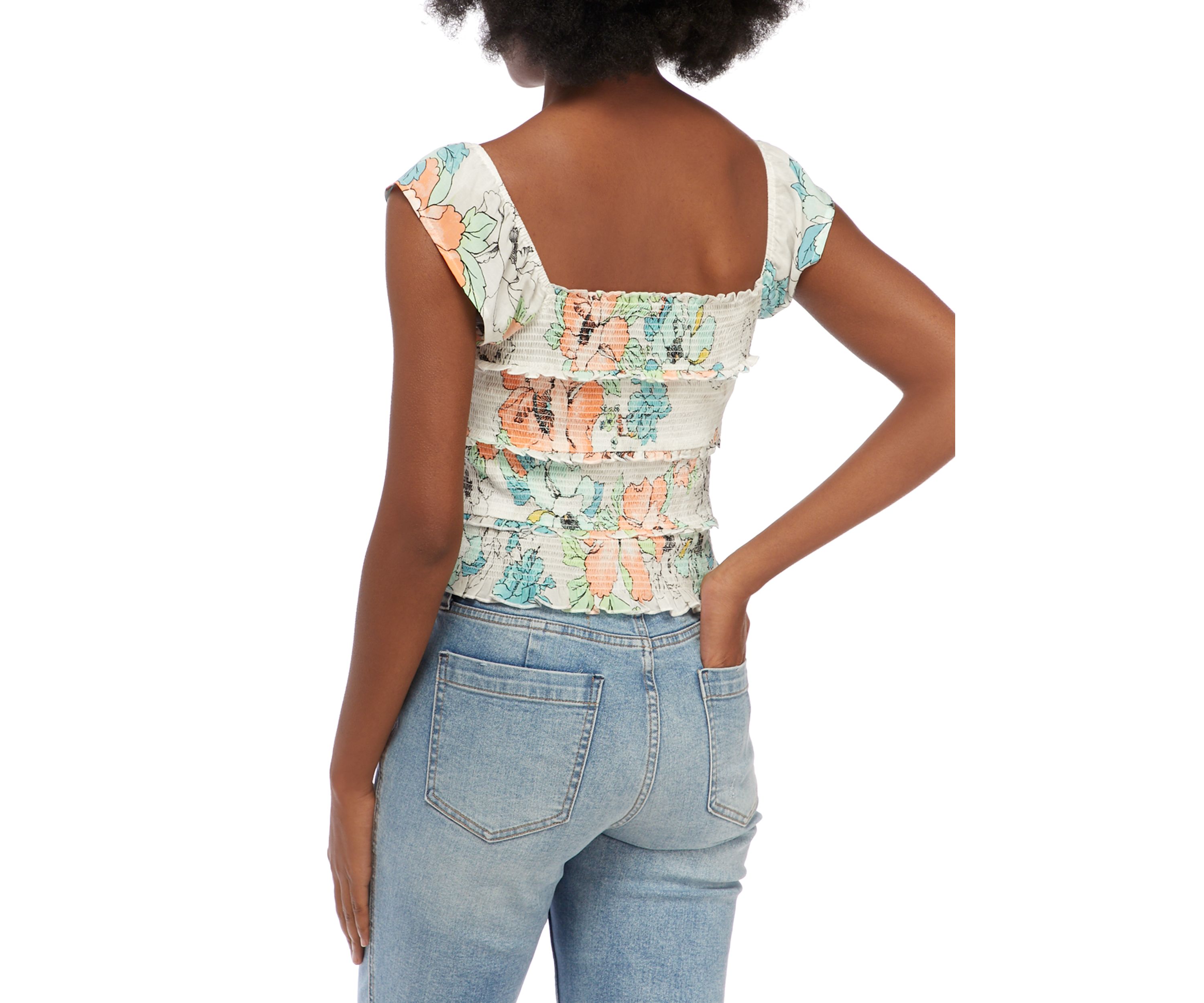 Juniors Flutter Sleeve Floral Smocked Top