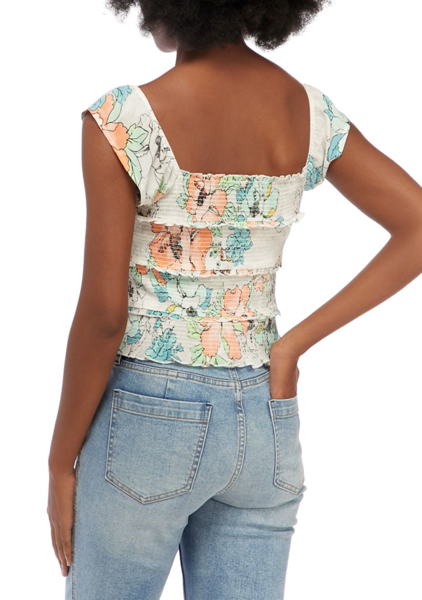 Juniors Flutter Sleeve Floral Smocked Top