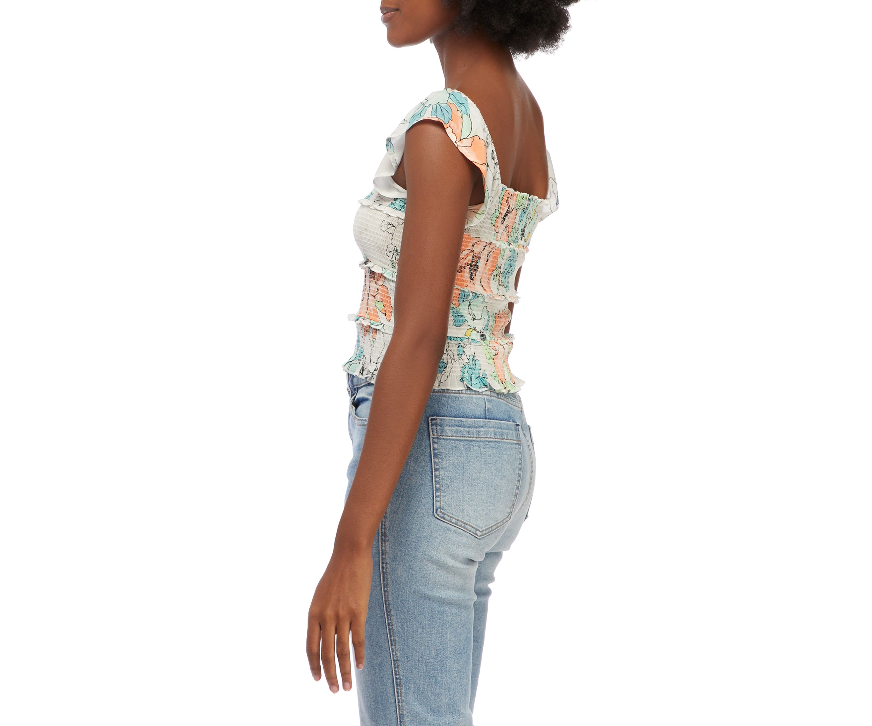 Juniors Flutter Sleeve Floral Smocked Top