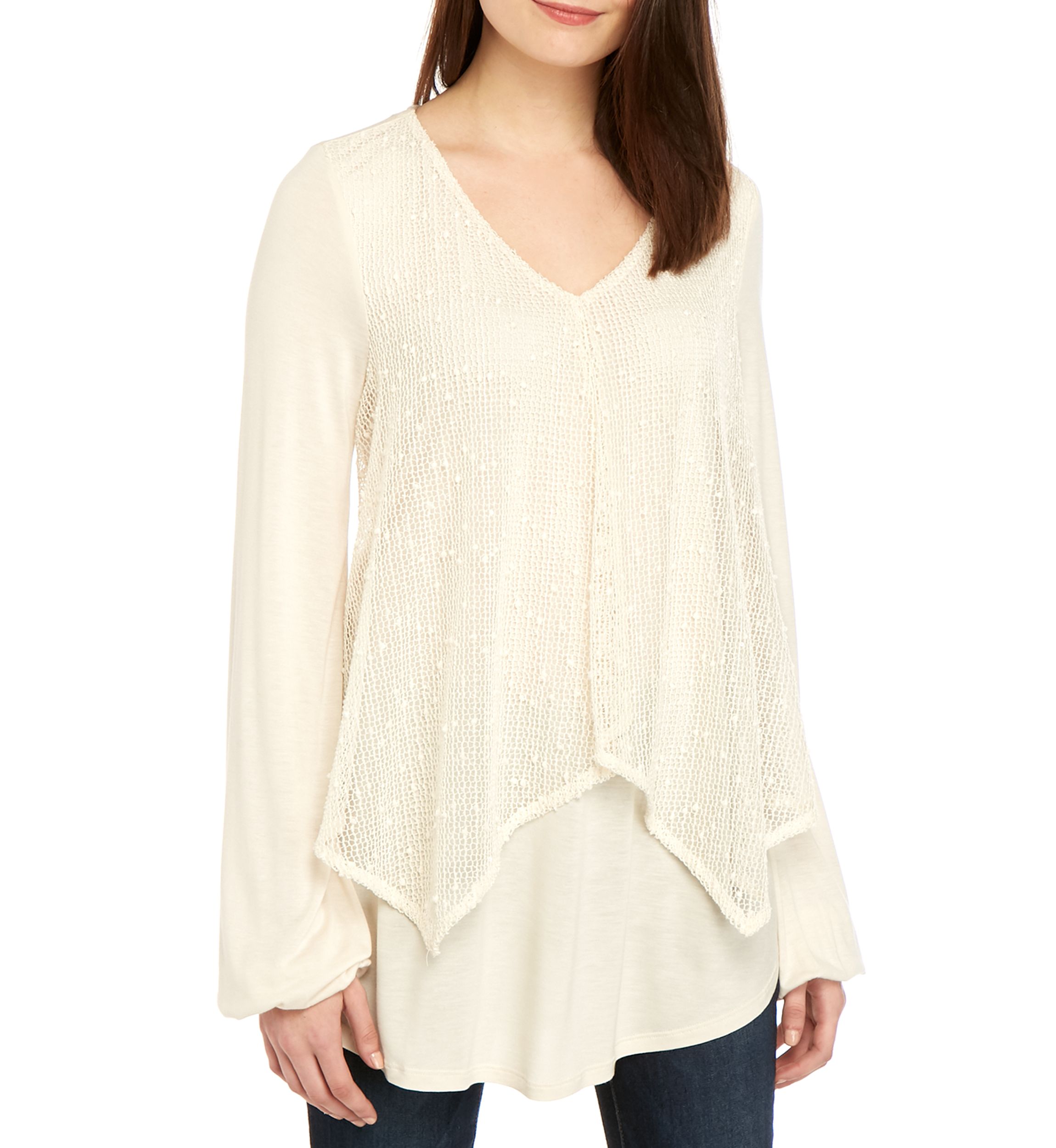Long Sleeve V Neck Crochet Front Top