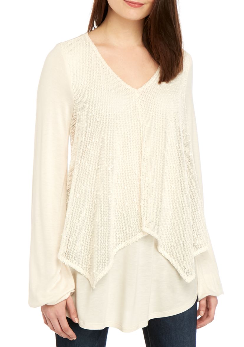 Long Sleeve V Neck Crochet Front Top