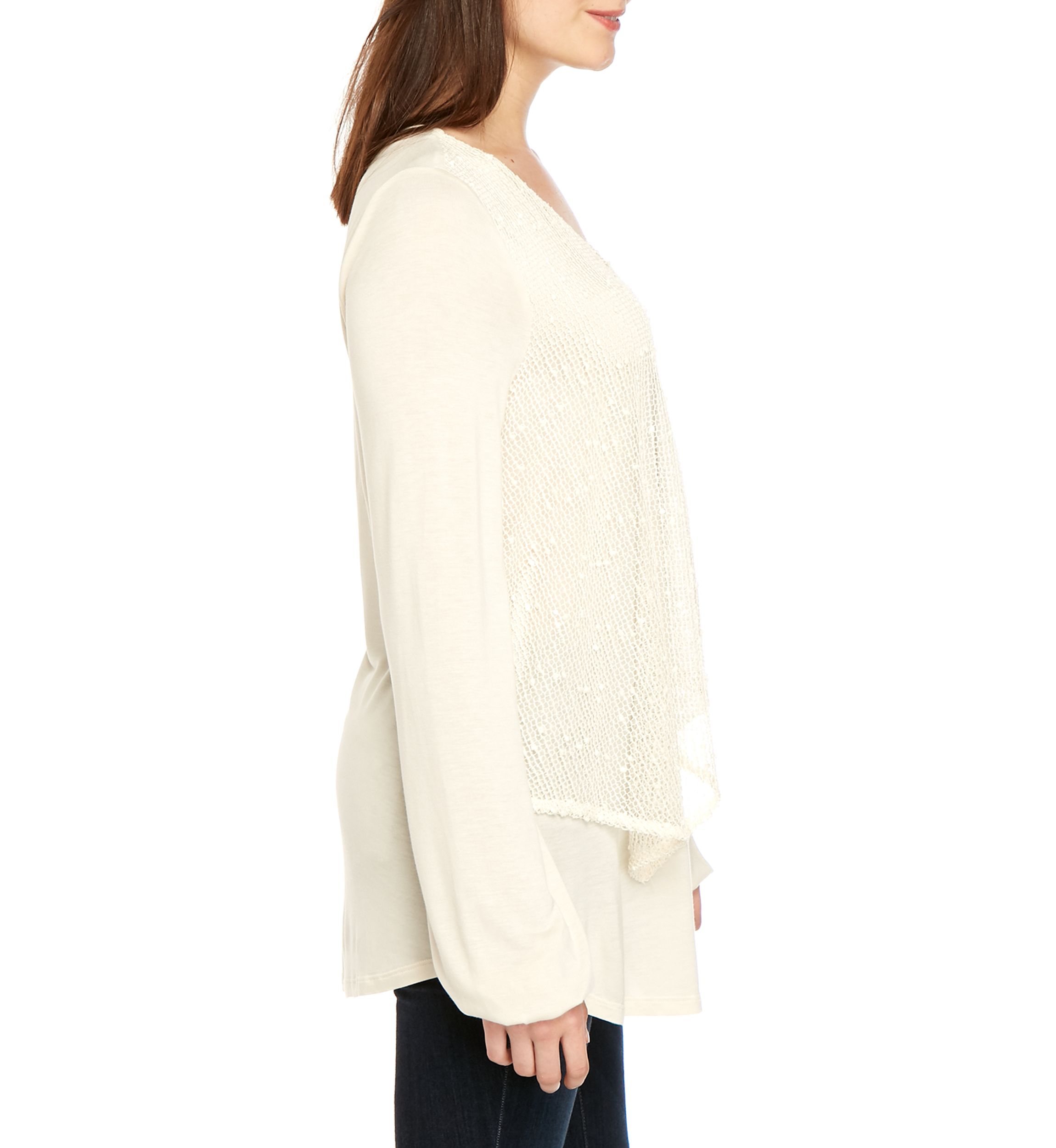 Long Sleeve V Neck Crochet Front Top