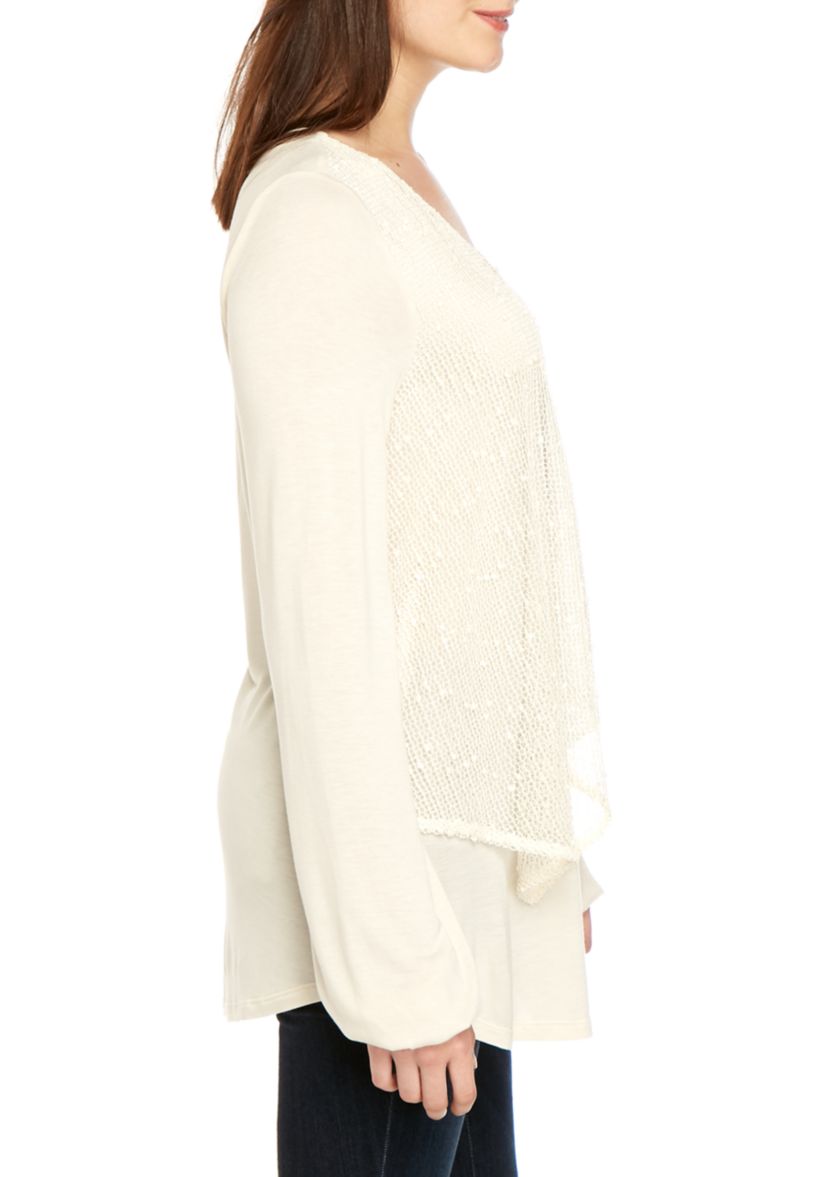 Long Sleeve V Neck Crochet Front Top