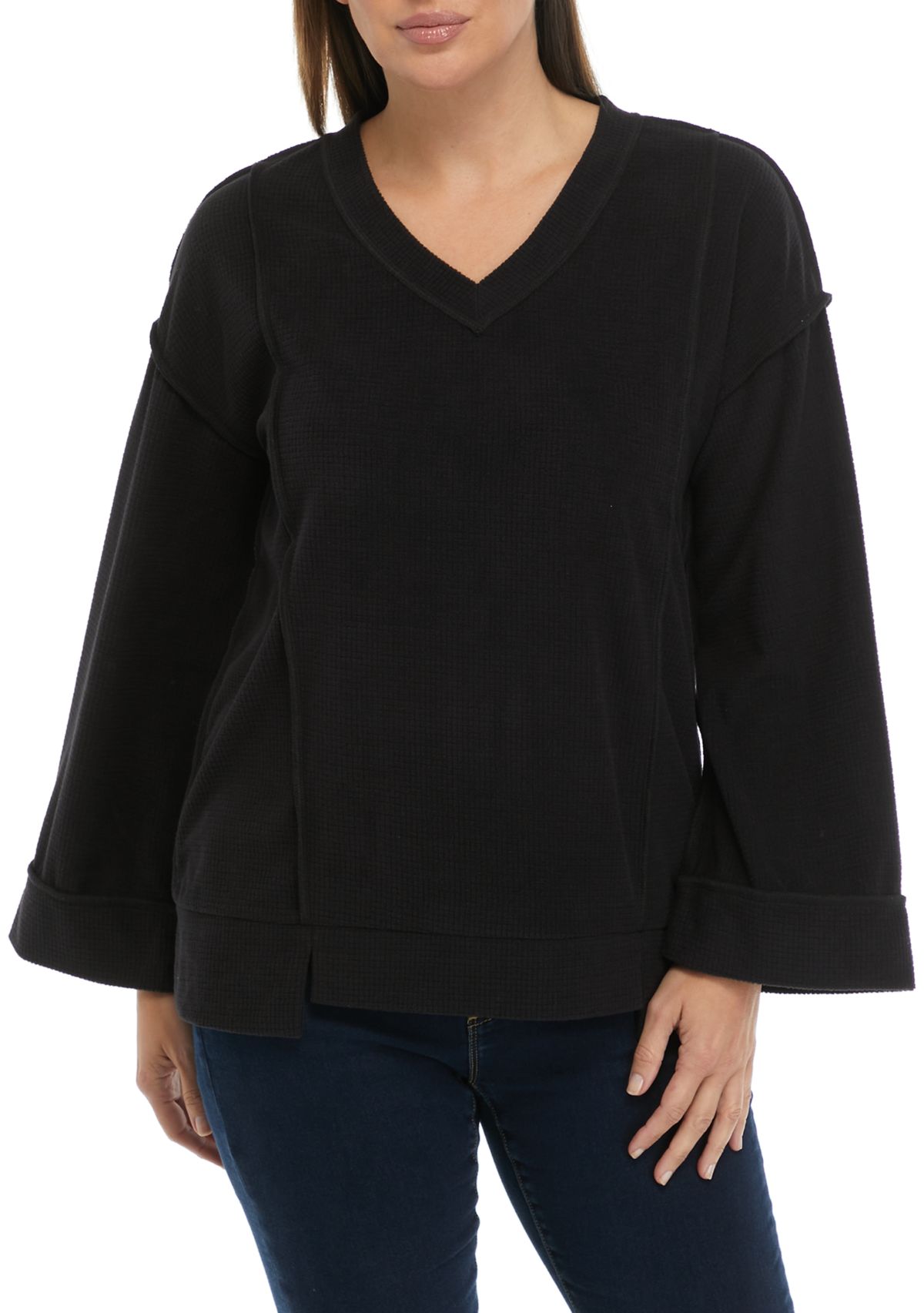 Womens Long Sleeve V-Neck Textured Top