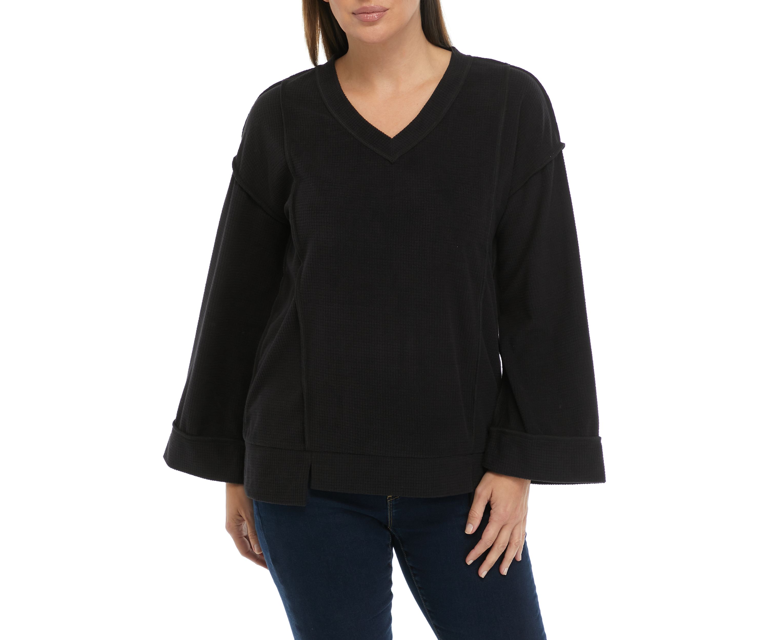 Womens Long Sleeve V-Neck Textured Top