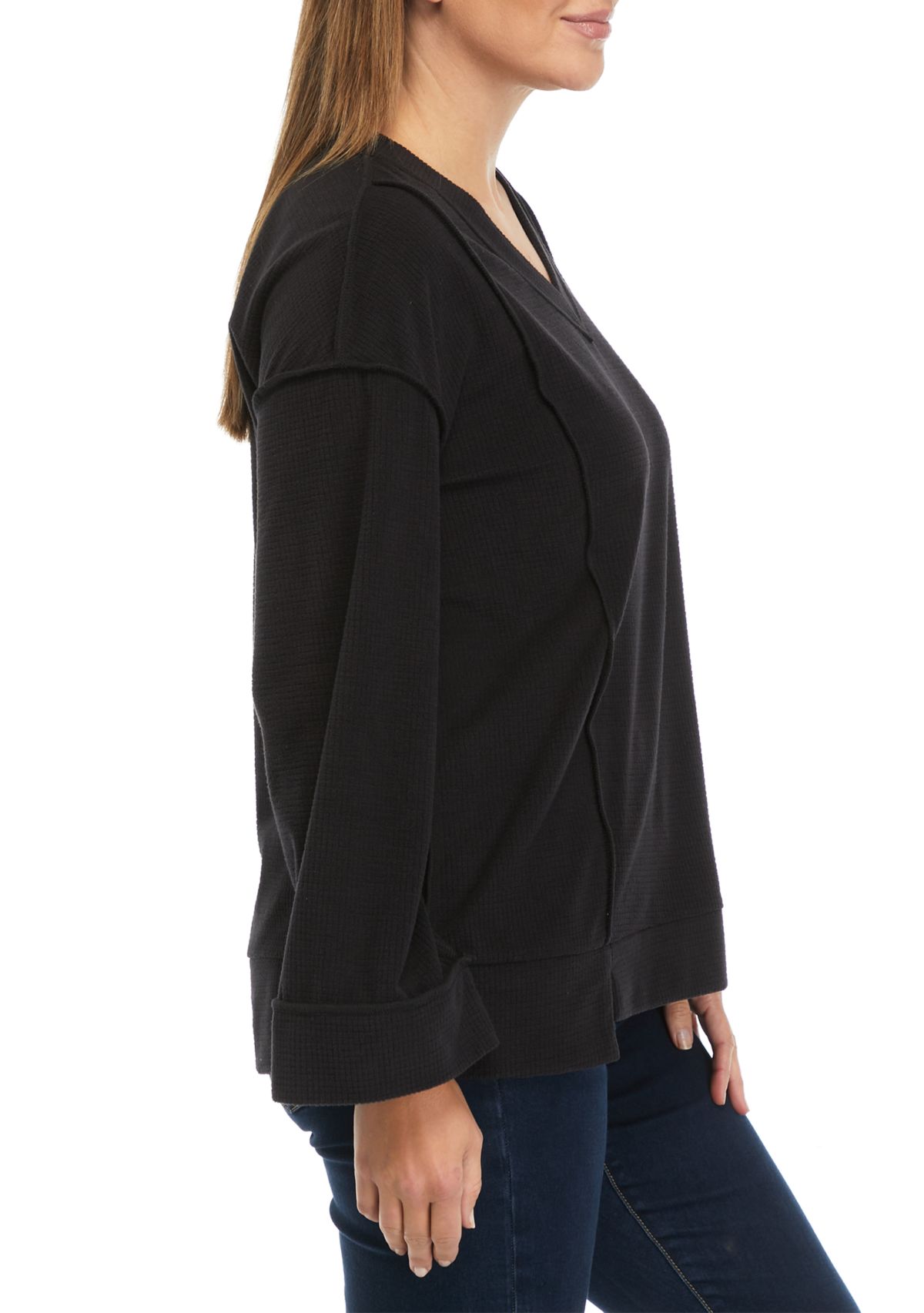 Womens Long Sleeve V-Neck Textured Top