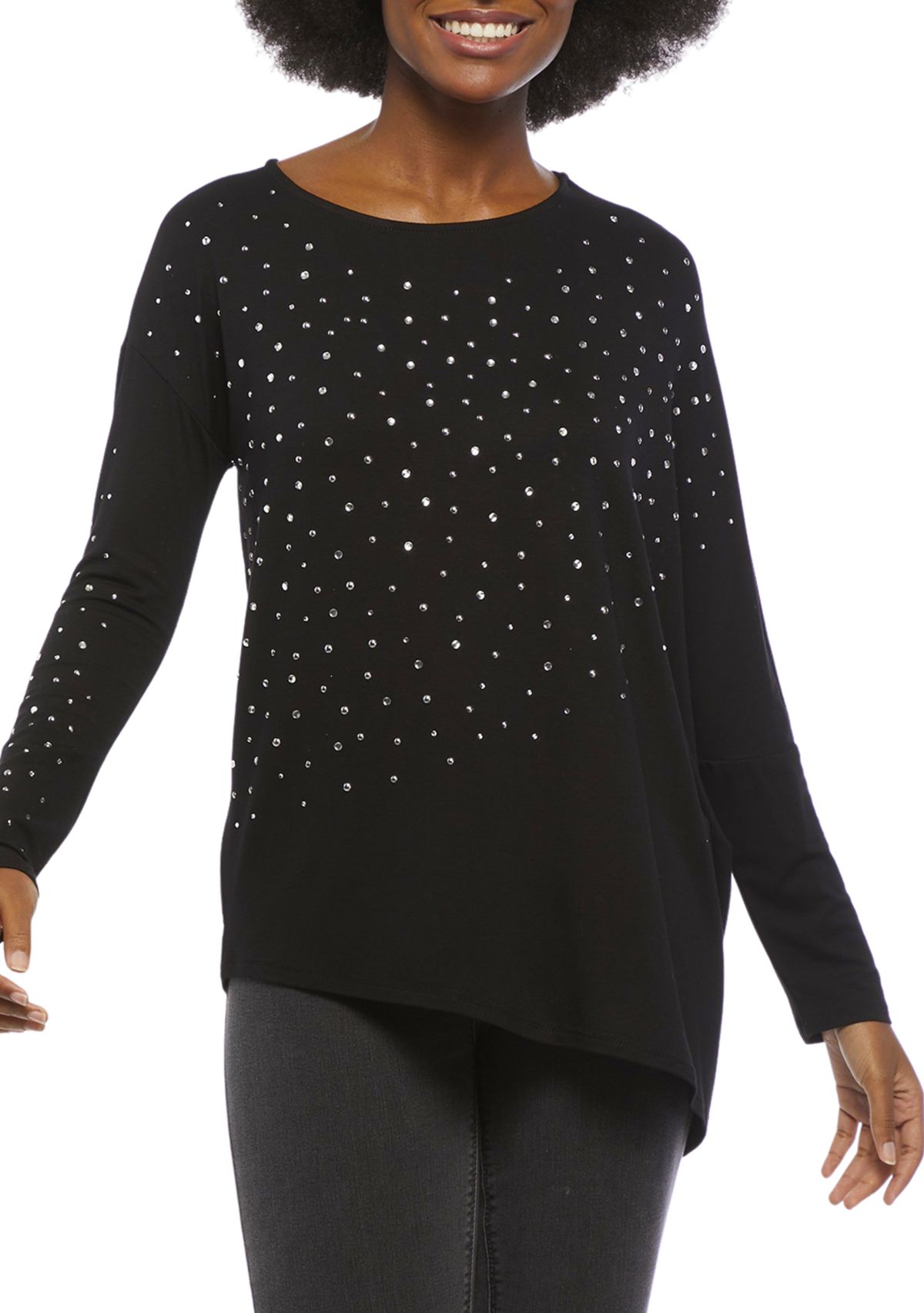 Womens Long Sleeve Asymmetrical Hem Crew Neck T-Shirt with Embellishment 