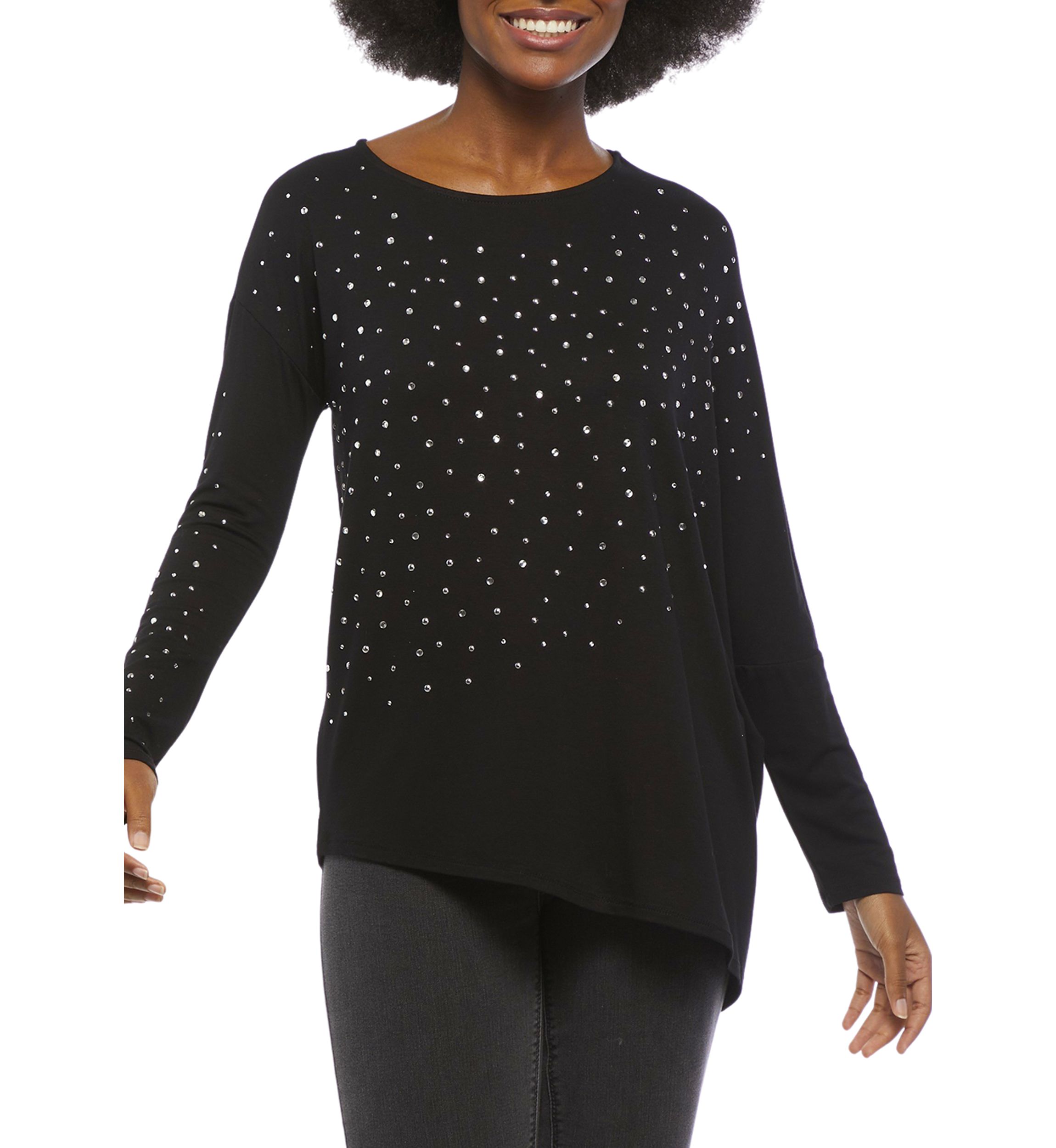 Womens Long Sleeve Asymmetrical Hem Crew Neck T-Shirt with Embellishment 
