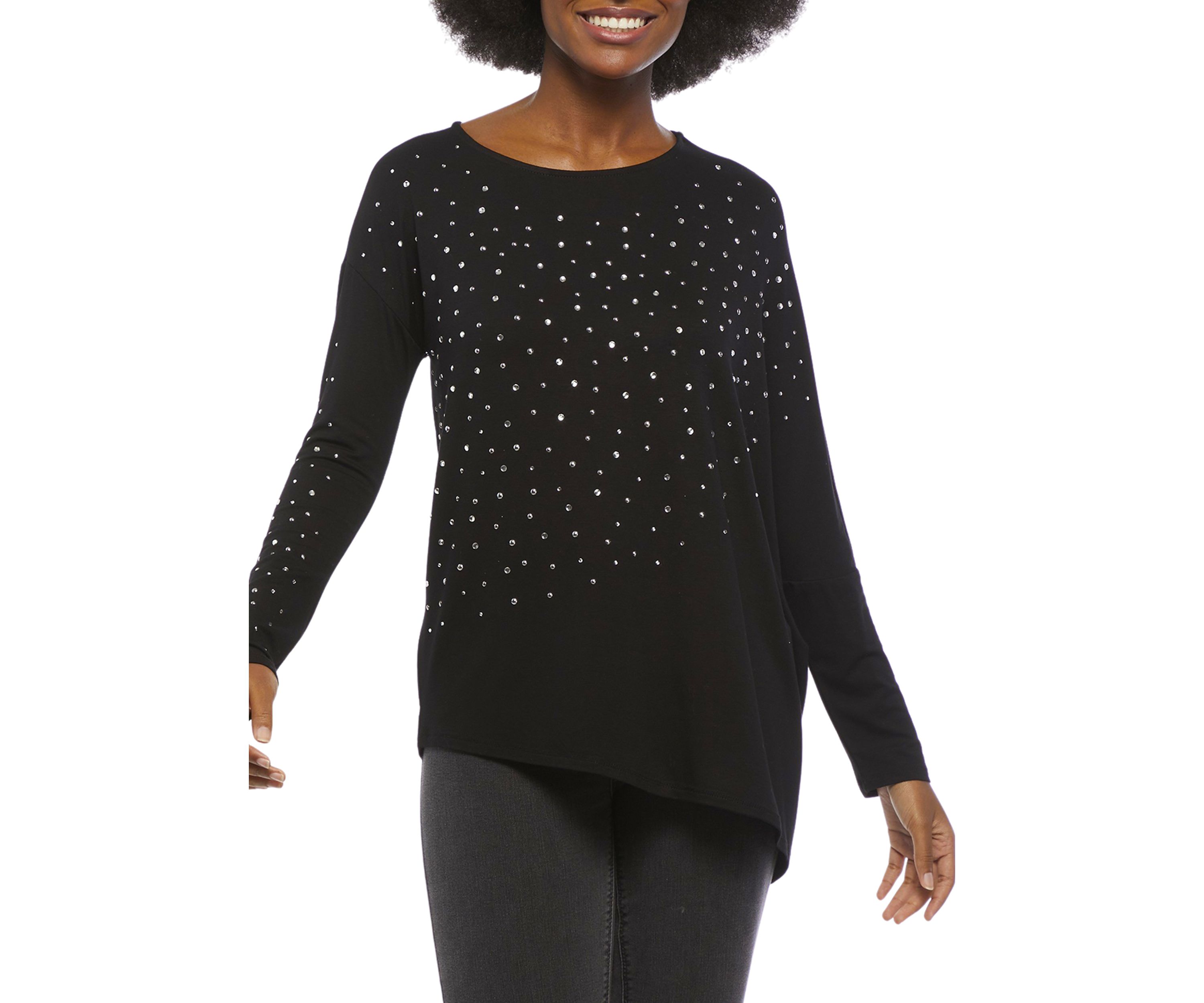 Womens Long Sleeve Asymmetrical Hem Crew Neck T-Shirt with Embellishment 
