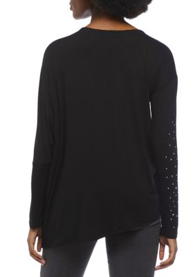 Women's Long Sleeve Asymmetrical Hem Crew Neck T-Shirt with Embellishment