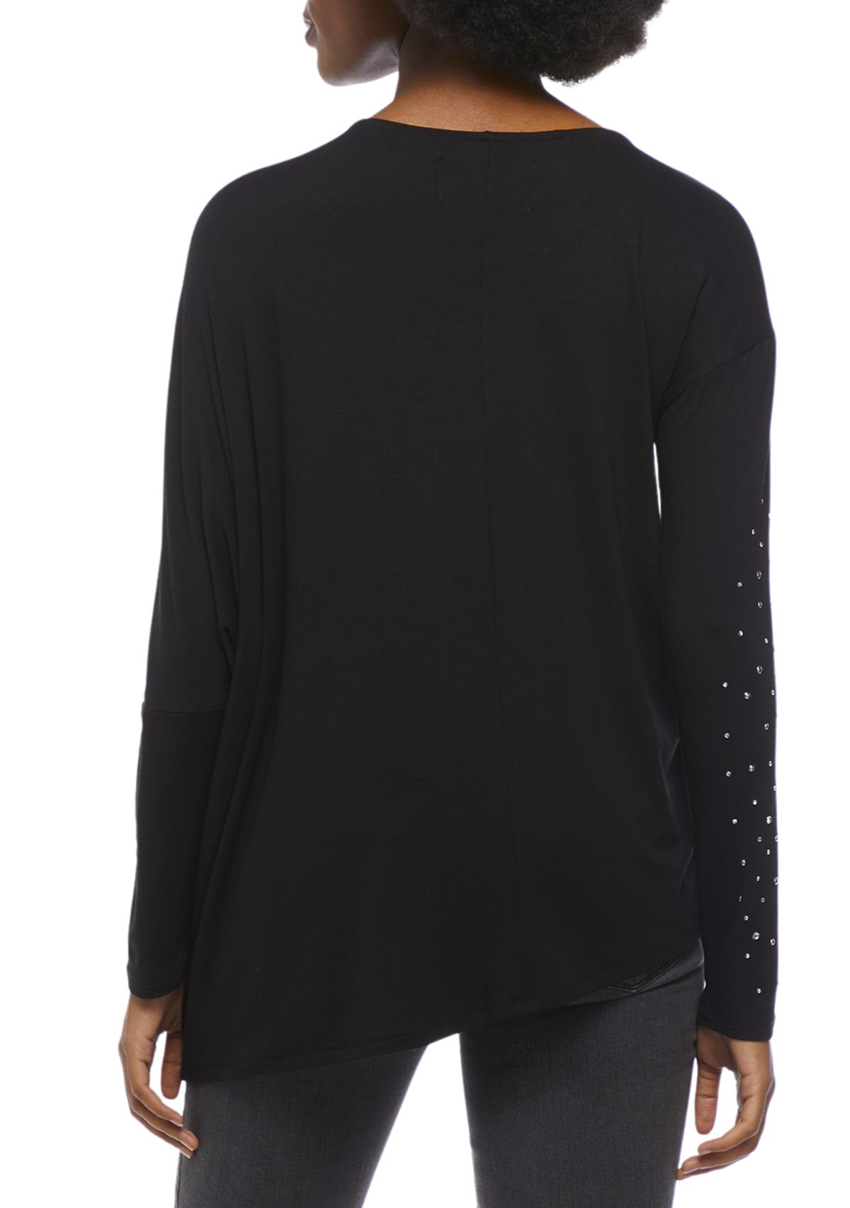 Womens Long Sleeve Asymmetrical Hem Crew Neck T-Shirt with Embellishment 