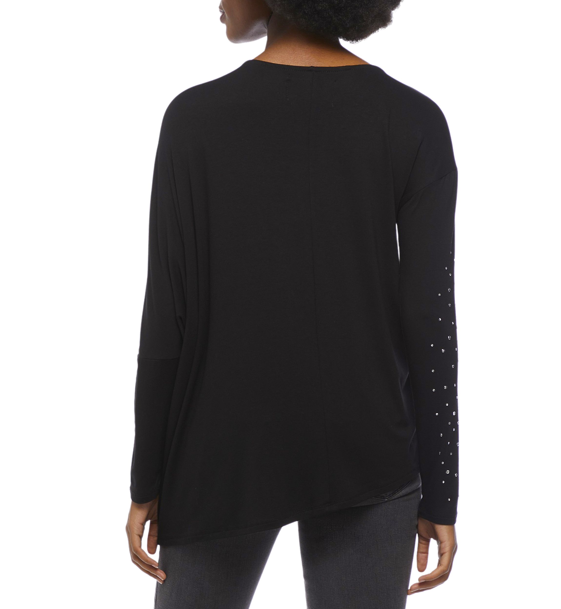 Womens Long Sleeve Asymmetrical Hem Crew Neck T-Shirt with Embellishment 
