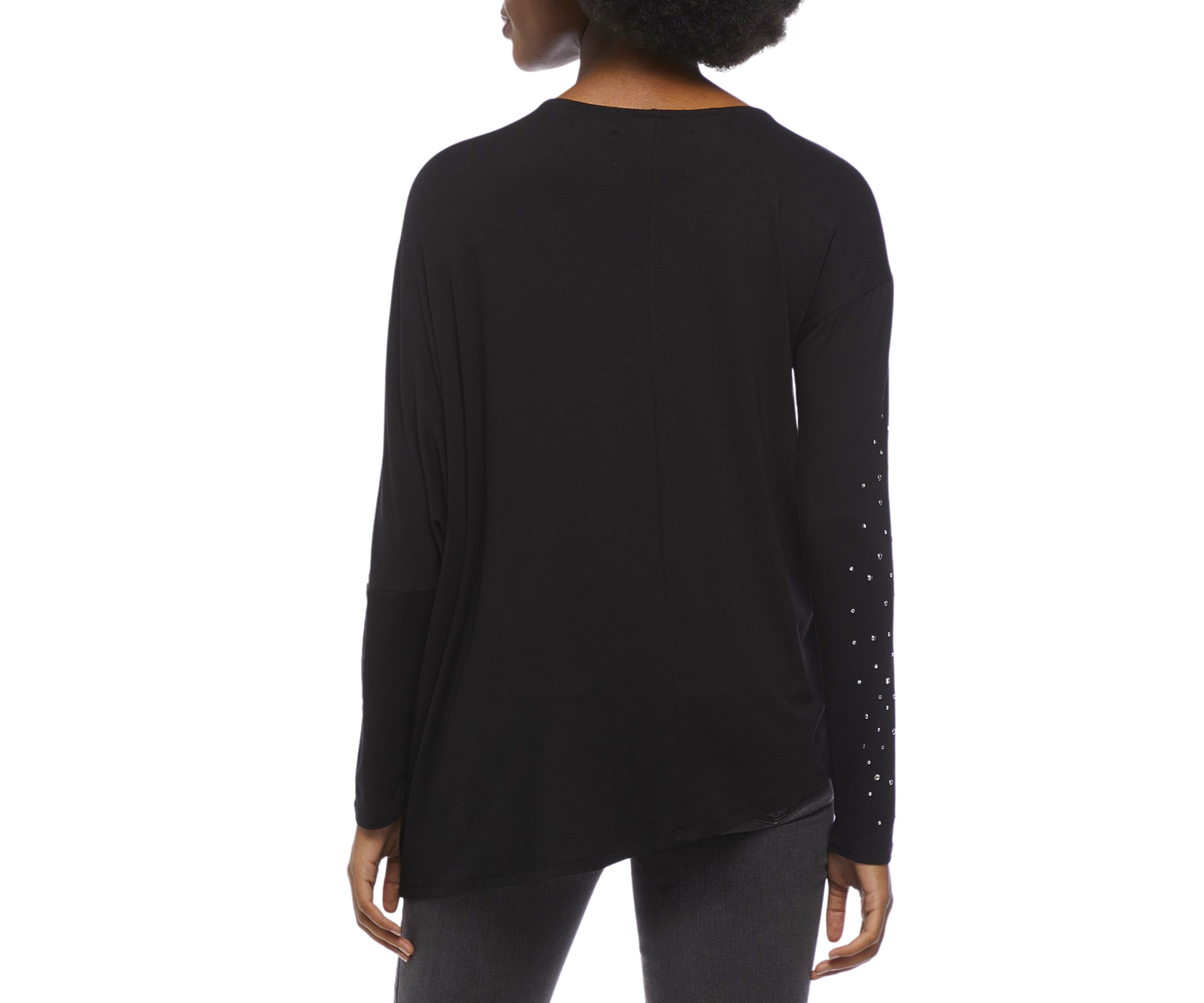 Womens Long Sleeve Asymmetrical Hem Crew Neck T-Shirt with Embellishment 