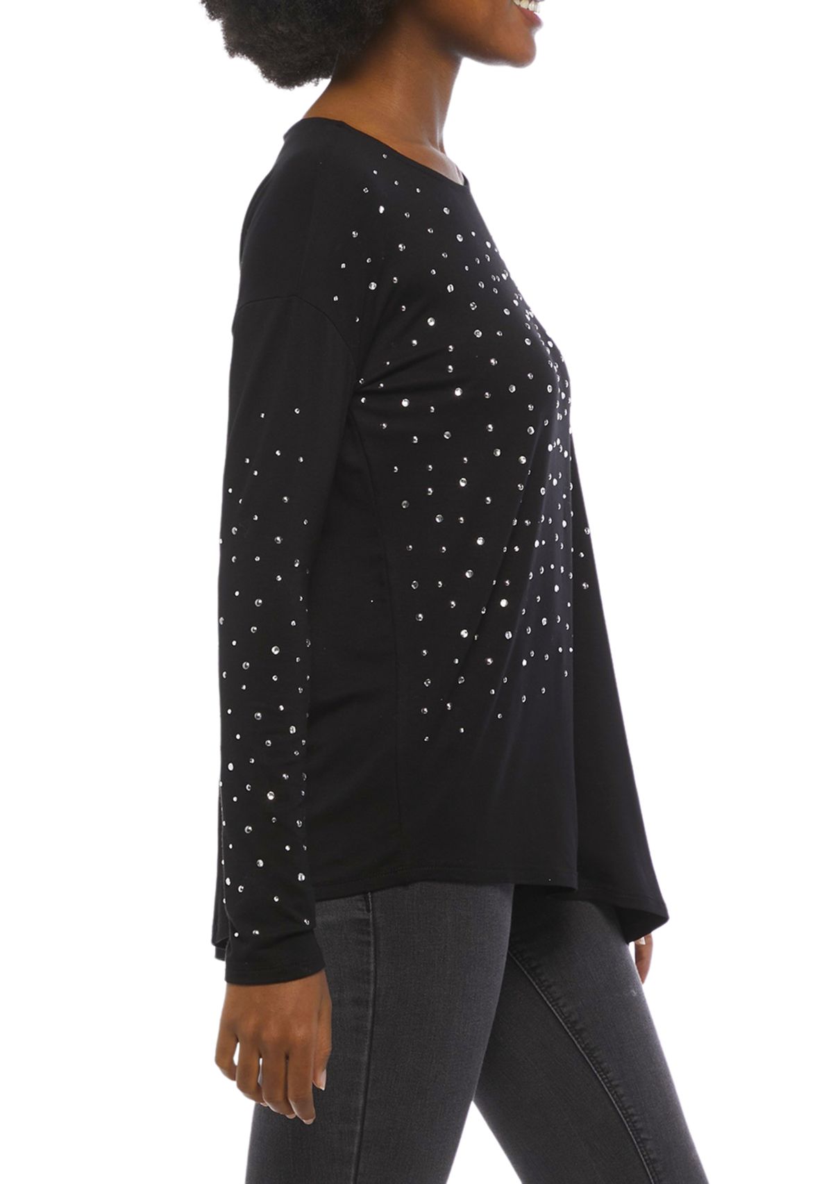 Womens Long Sleeve Asymmetrical Hem Crew Neck T-Shirt with Embellishment 