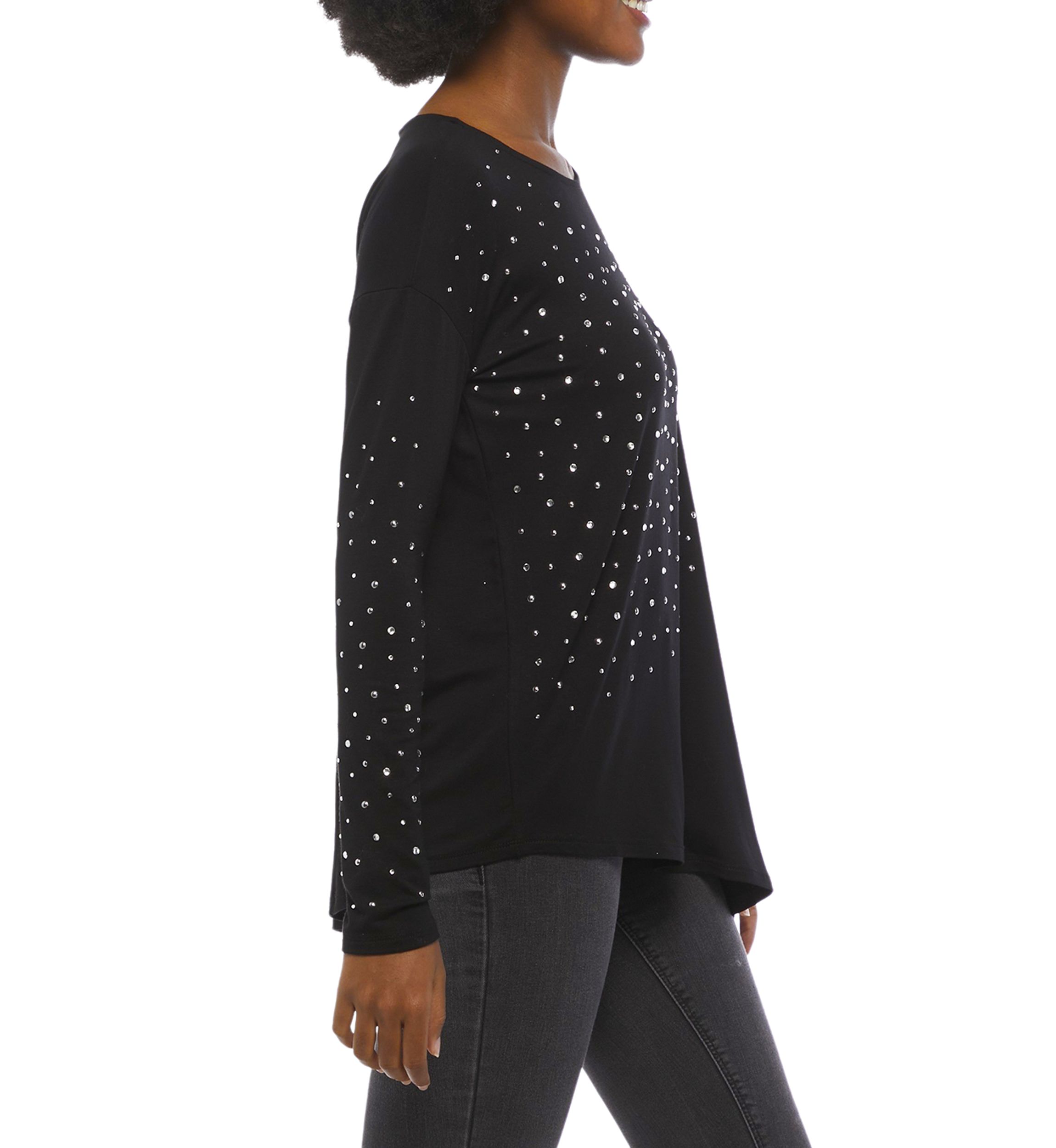 Womens Long Sleeve Asymmetrical Hem Crew Neck T-Shirt with Embellishment 