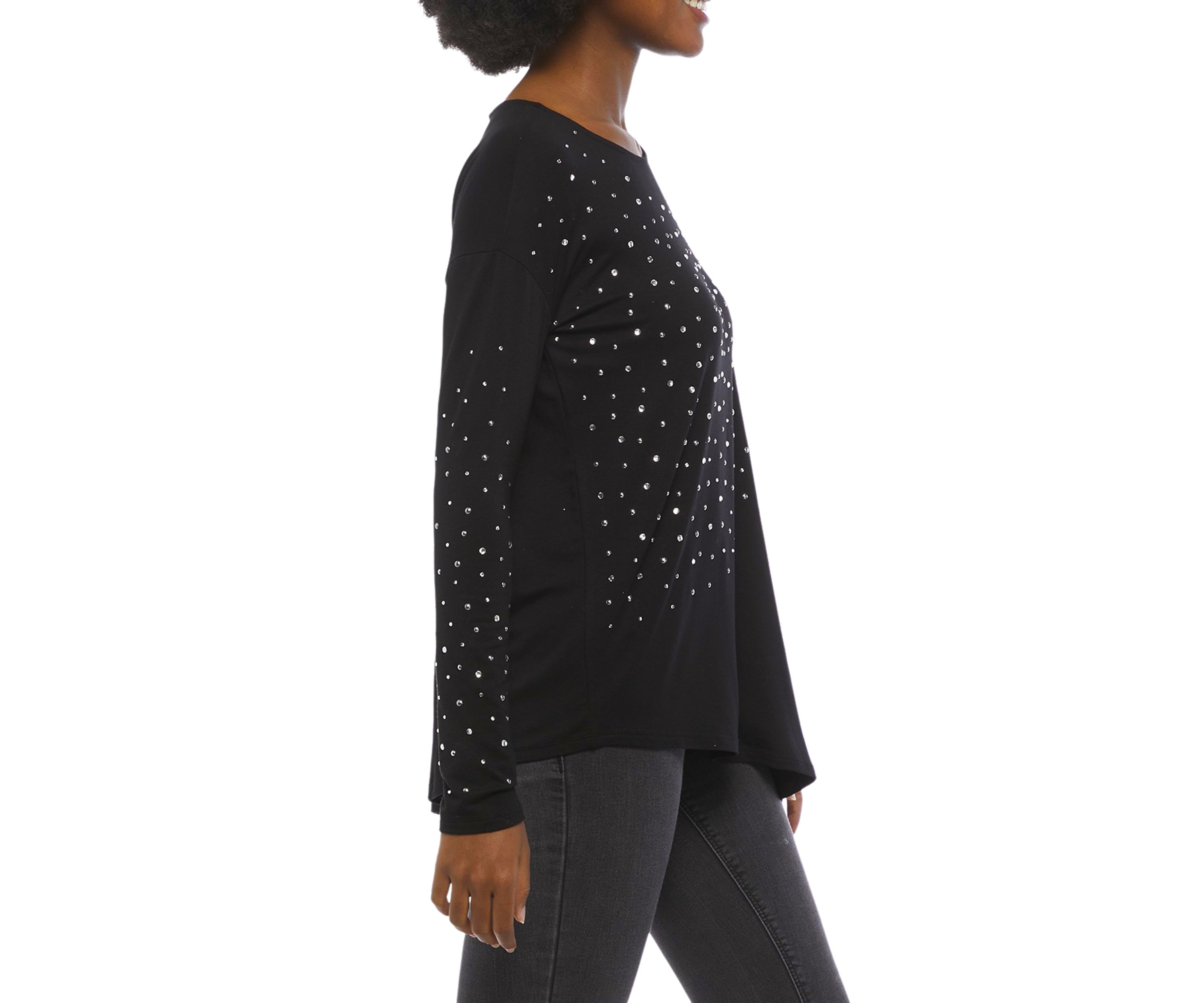 Womens Long Sleeve Asymmetrical Hem Crew Neck T-Shirt with Embellishment 