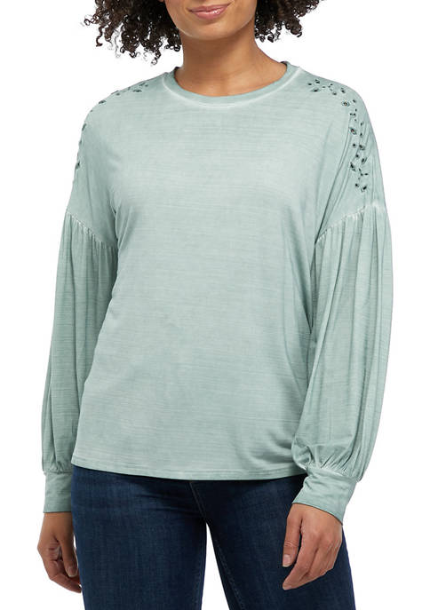 Cupio Womens Blouson Sleeve Embroidered Shoulder Shirt