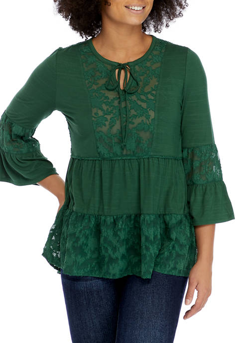 Womens Flare Sleeve Lace Solid Peasant Top