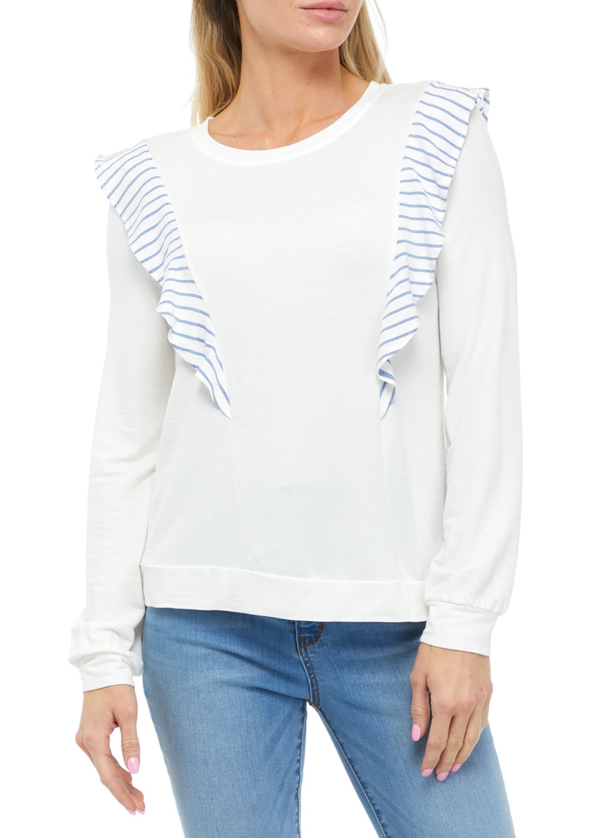 Long Sleeve Crew Neck Ruffled Woven Knit Top 