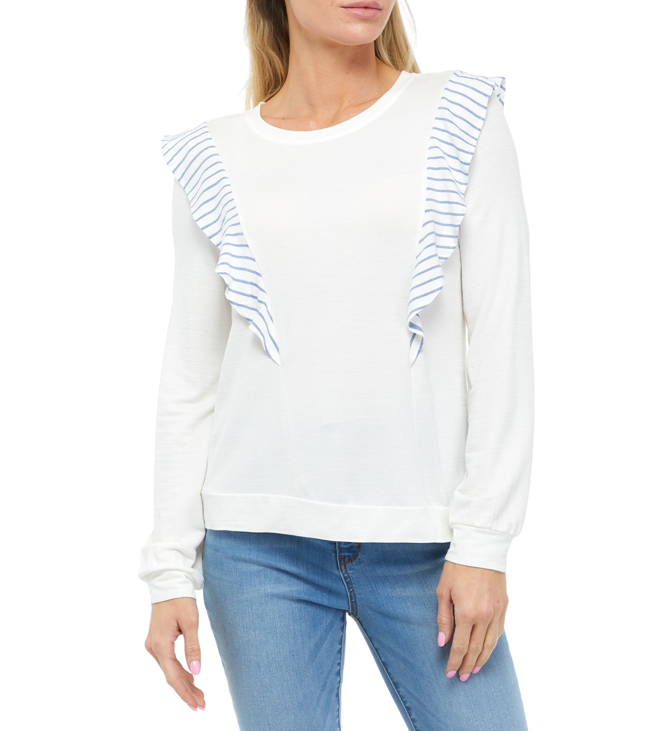 Long Sleeve Crew Neck Ruffled Woven Knit Top 