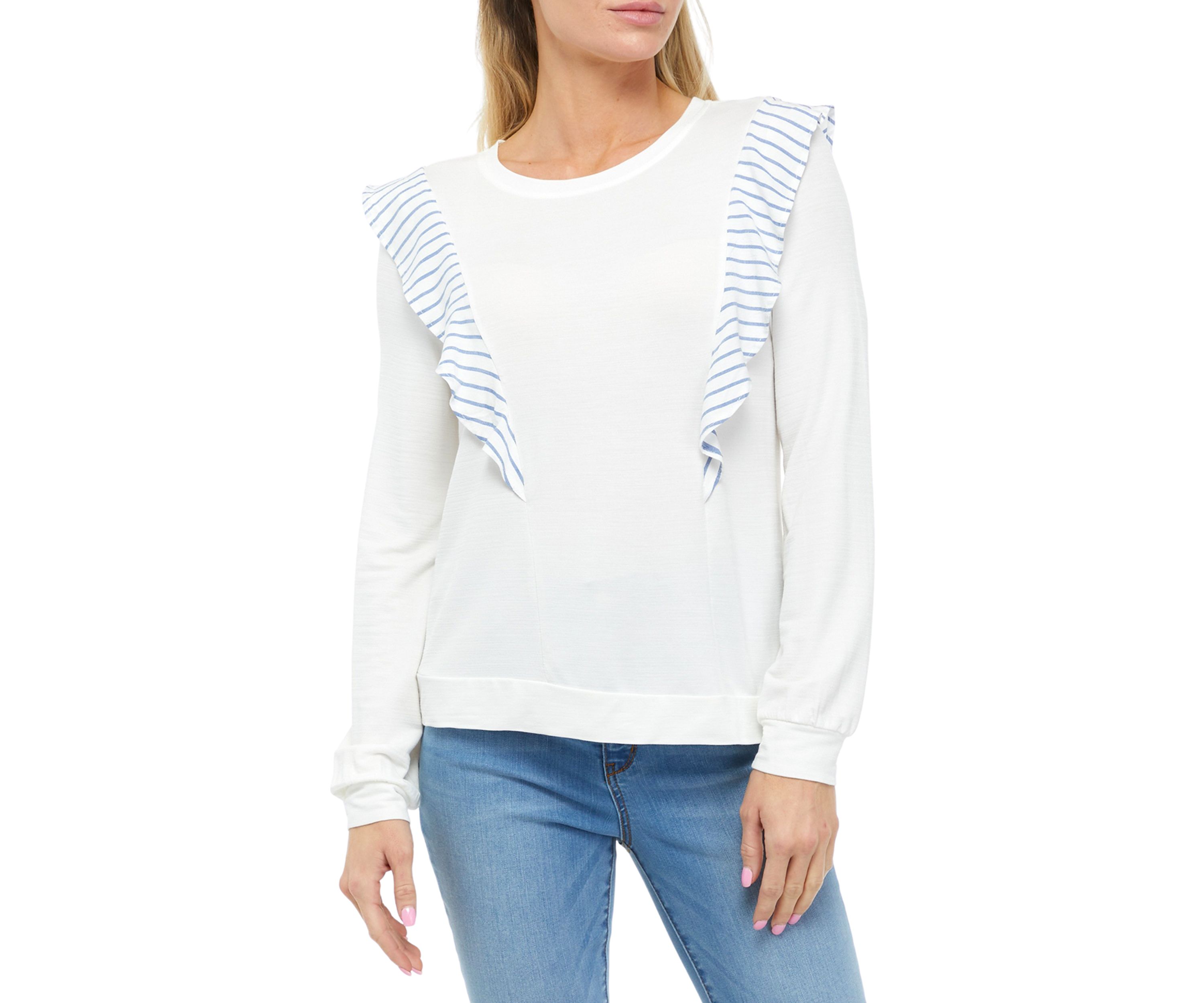 Long Sleeve Crew Neck Ruffled Woven Knit Top 