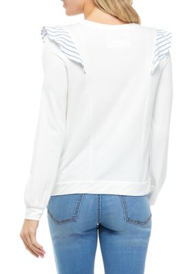 Long Sleeve Crew Neck Ruffled Woven Knit Top