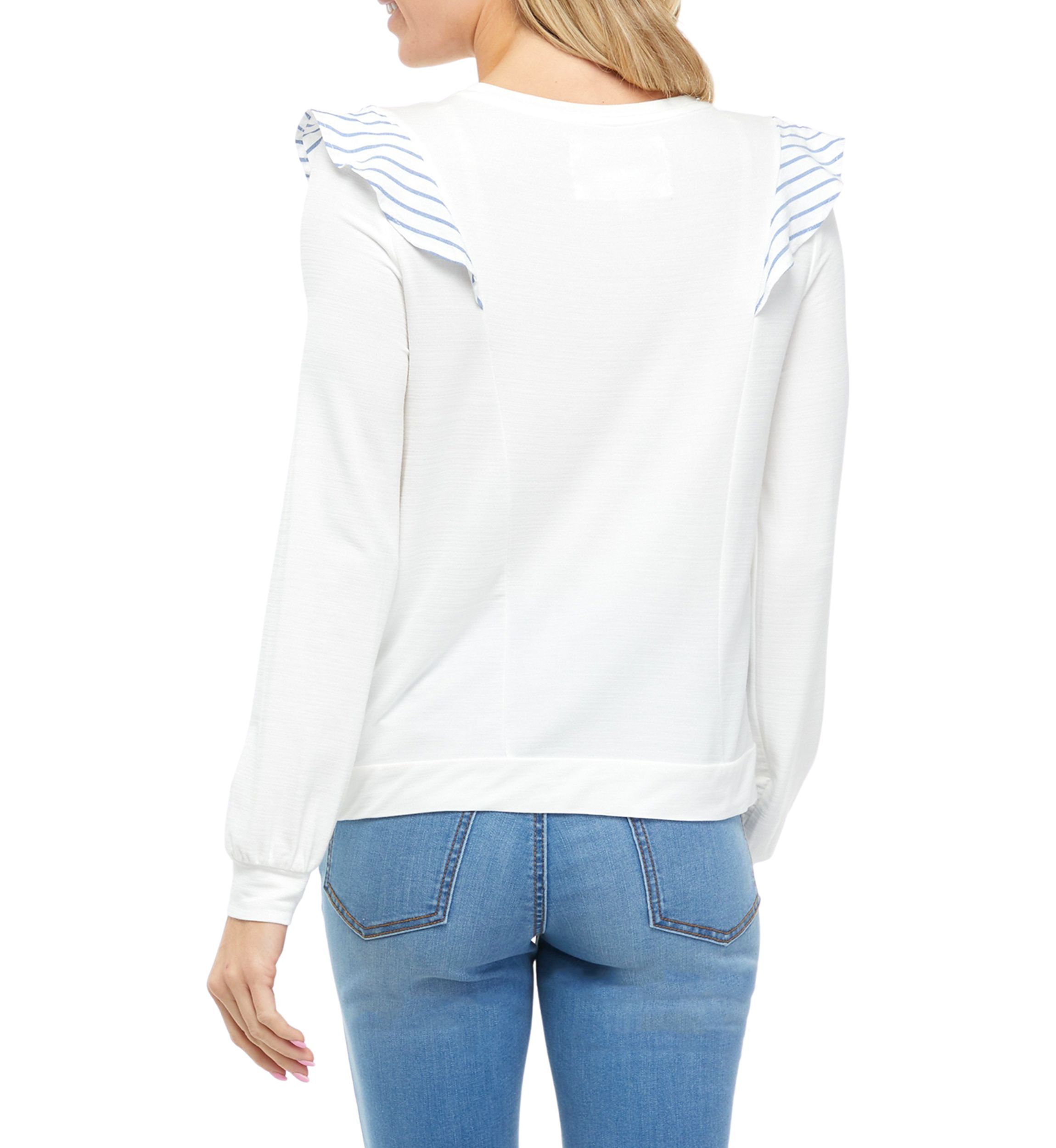 Long Sleeve Crew Neck Ruffled Woven Knit Top 