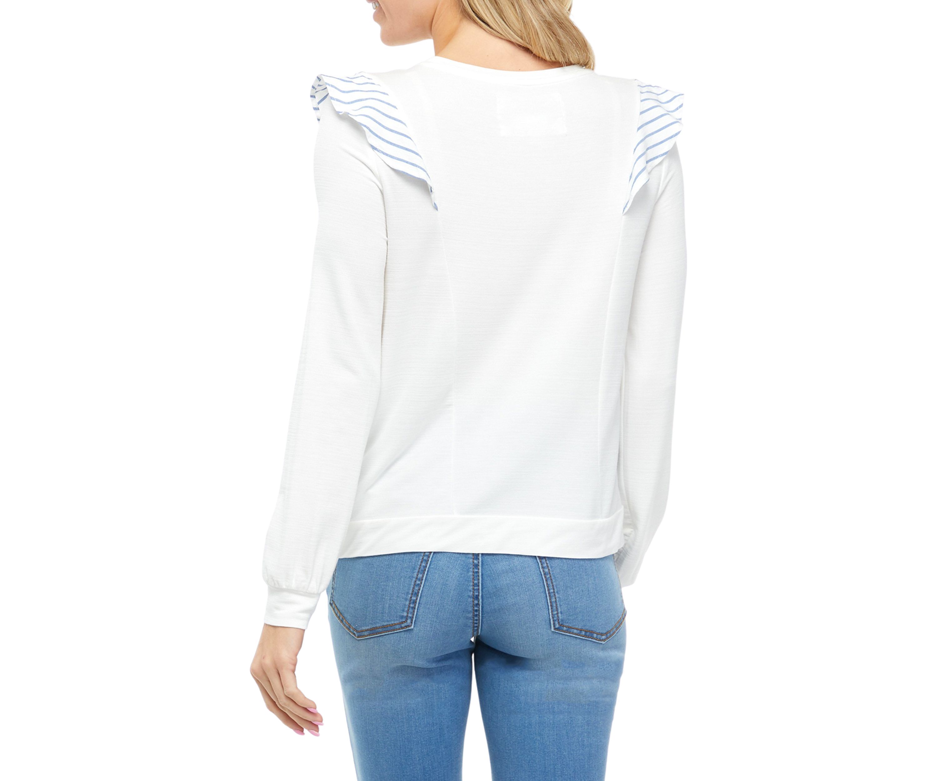 Long Sleeve Crew Neck Ruffled Woven Knit Top 