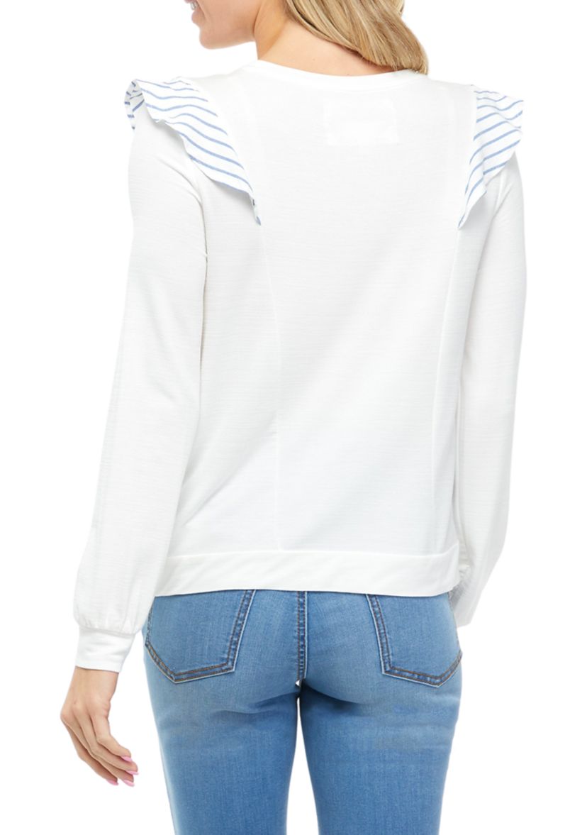 Long Sleeve Crew Neck Ruffled Woven Knit Top 