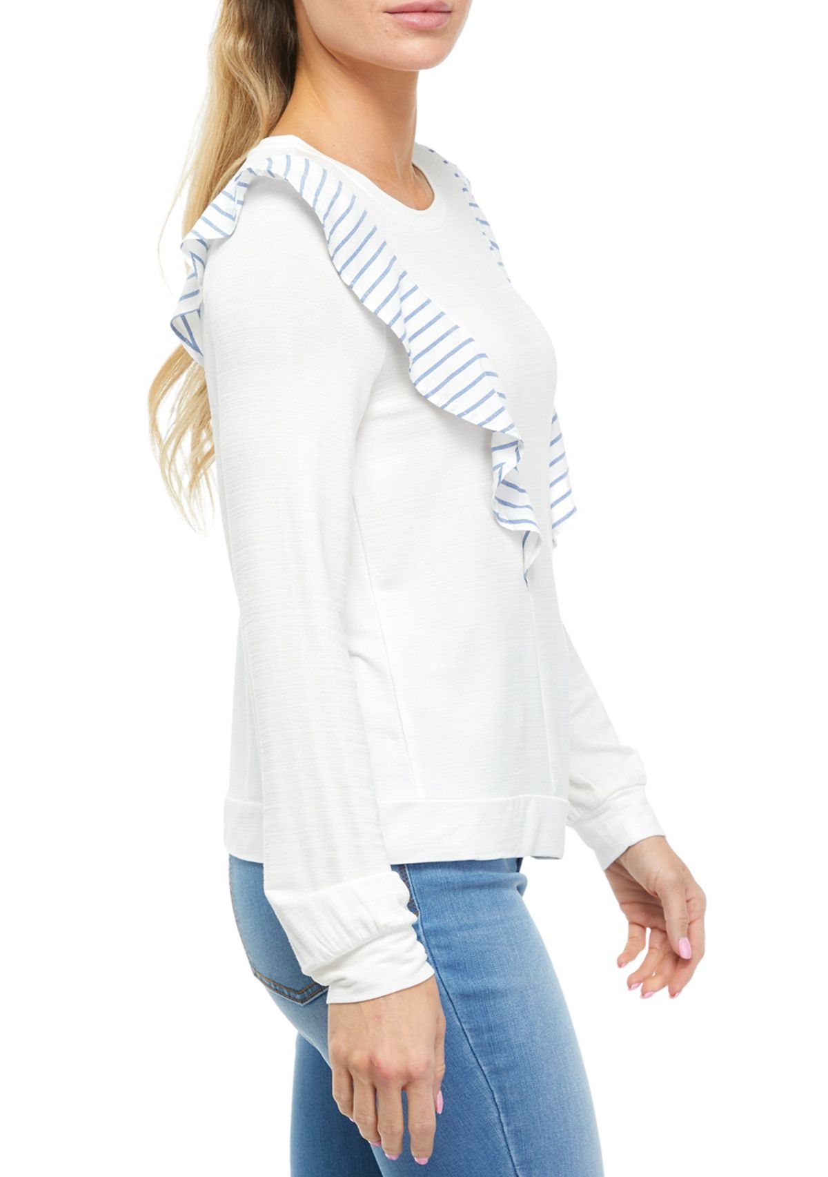Long Sleeve Crew Neck Ruffled Woven Knit Top 