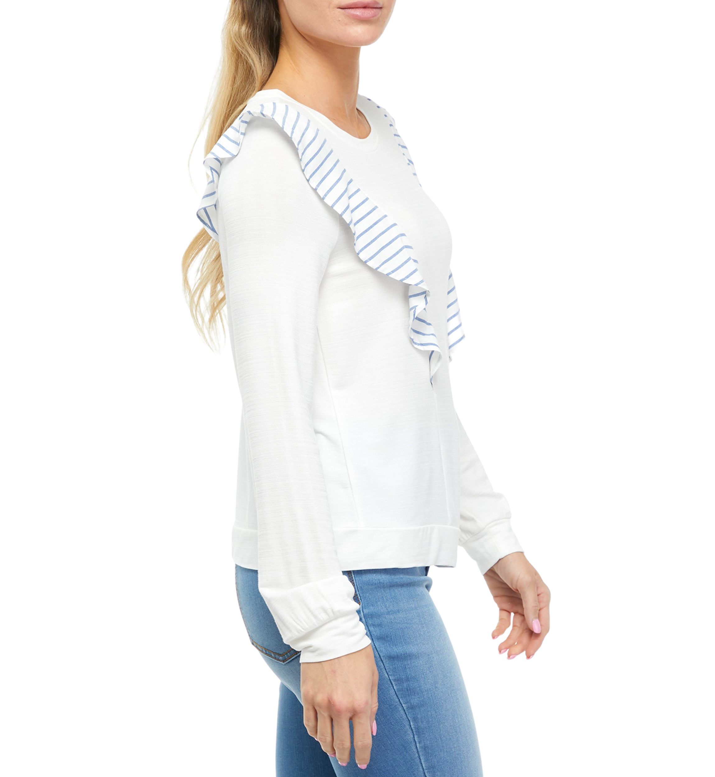 Long Sleeve Crew Neck Ruffled Woven Knit Top 