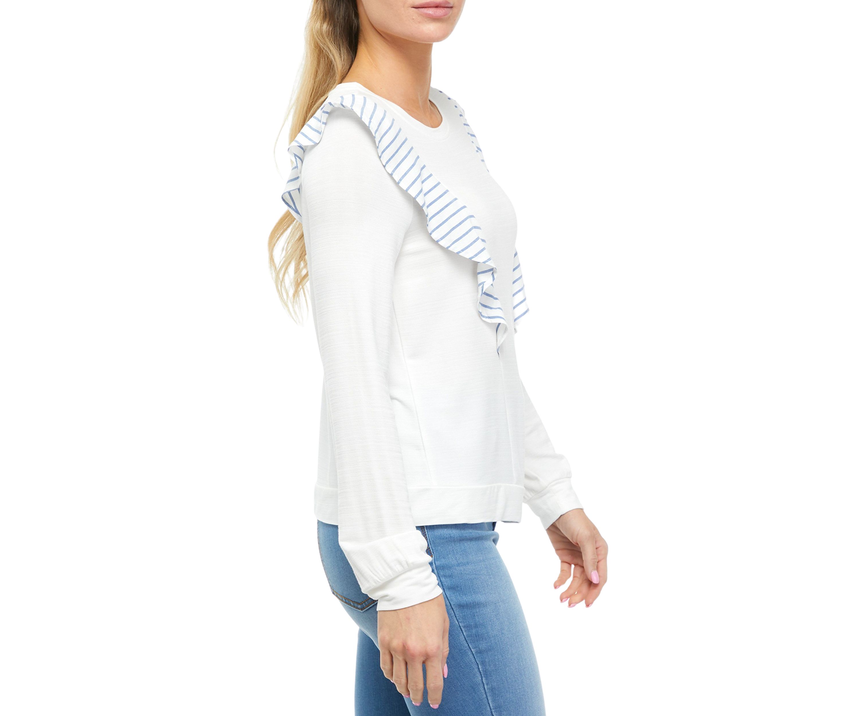 Long Sleeve Crew Neck Ruffled Woven Knit Top 