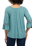 Womens 3/4 Bell Sleeve Smocked Peasant Top with Trim Detail 