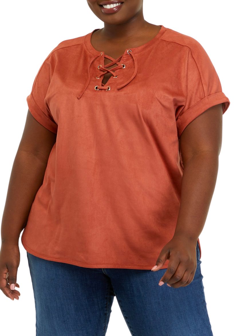 Plus Size Short Sleeve Lace Up Suede Top 