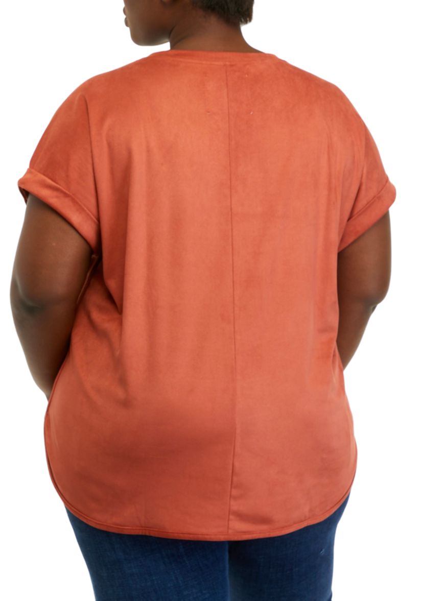 Plus Size Short Sleeve Lace Up Suede Top 