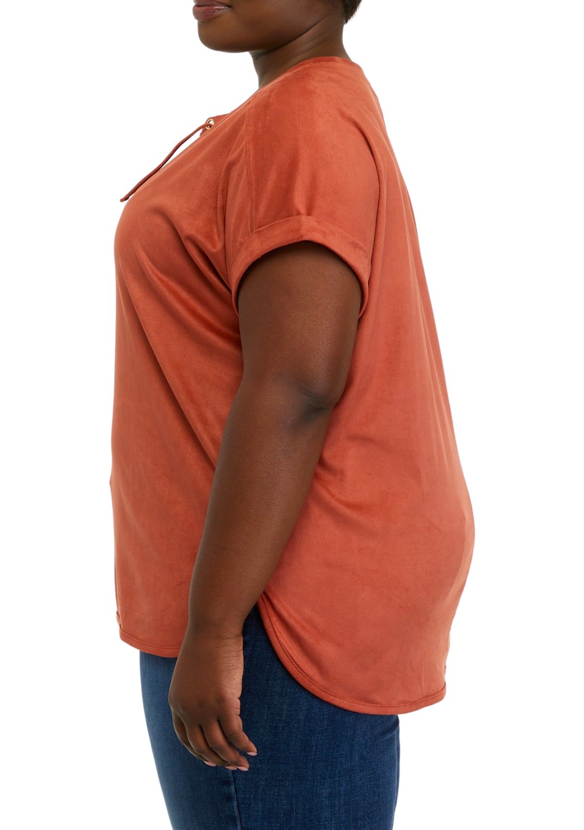 Plus Size Short Sleeve Lace Up Suede Top 