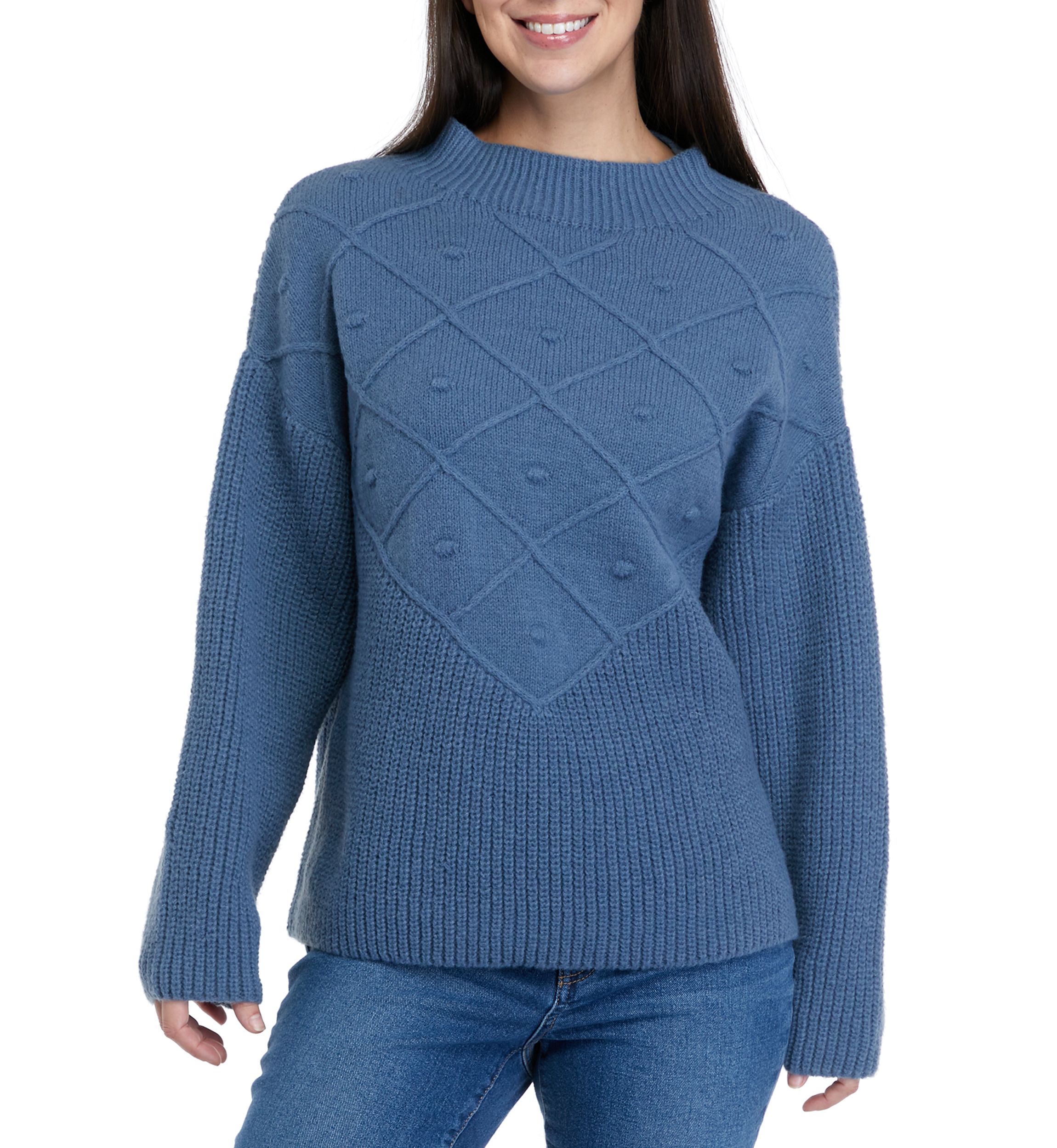 Womens Mock Neck Sweater with Pom Detail