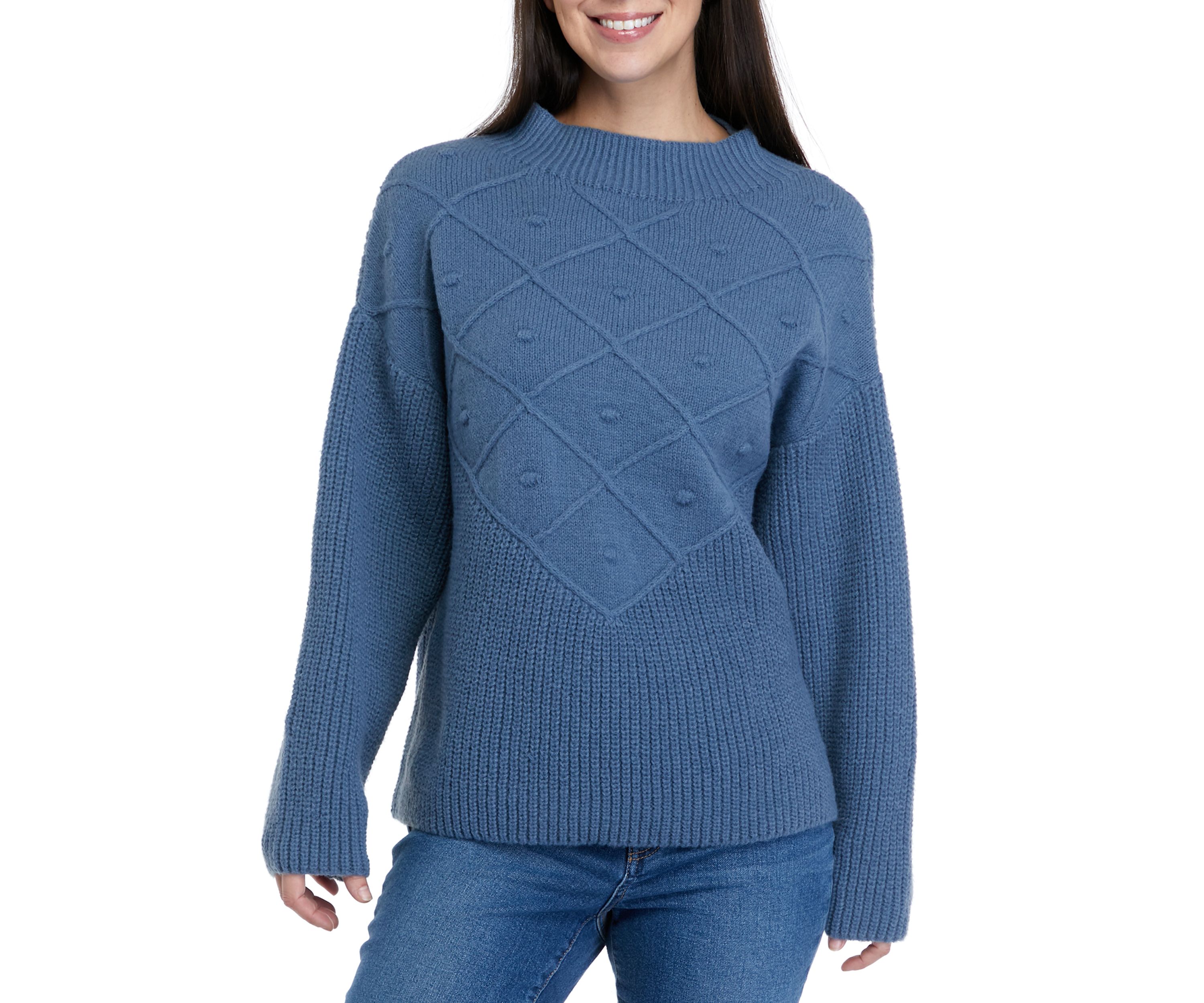 Womens Mock Neck Sweater with Pom Detail