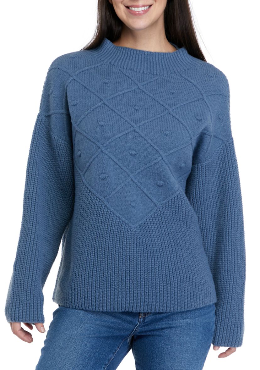 Womens Mock Neck Sweater with Pom Detail