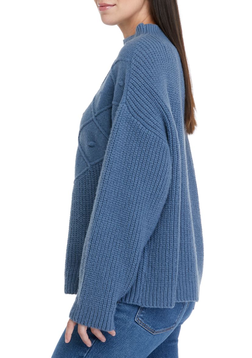Womens Mock Neck Sweater with Pom Detail