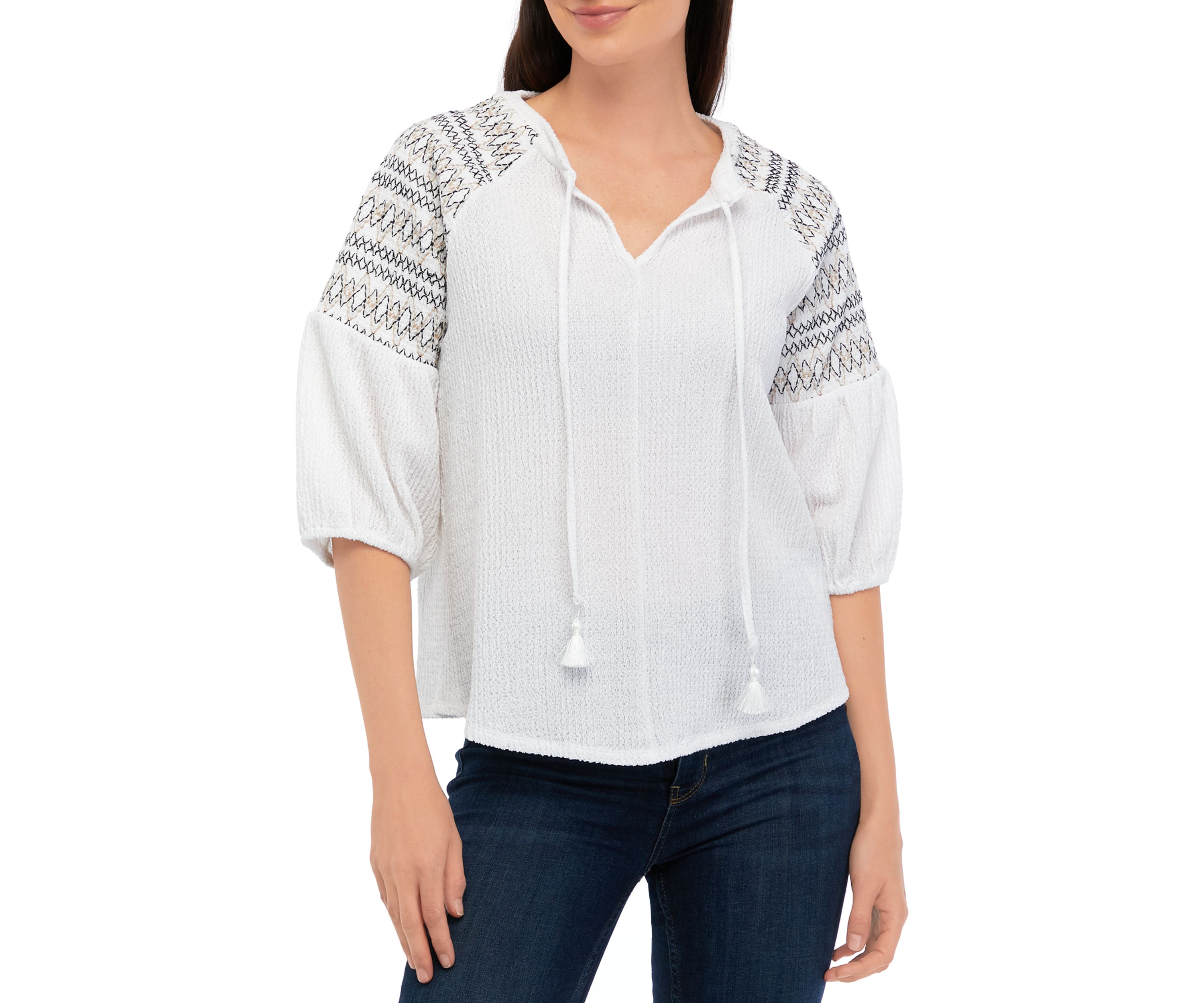 Womens 3/4 Sleeve Embroidered Gauze Top
