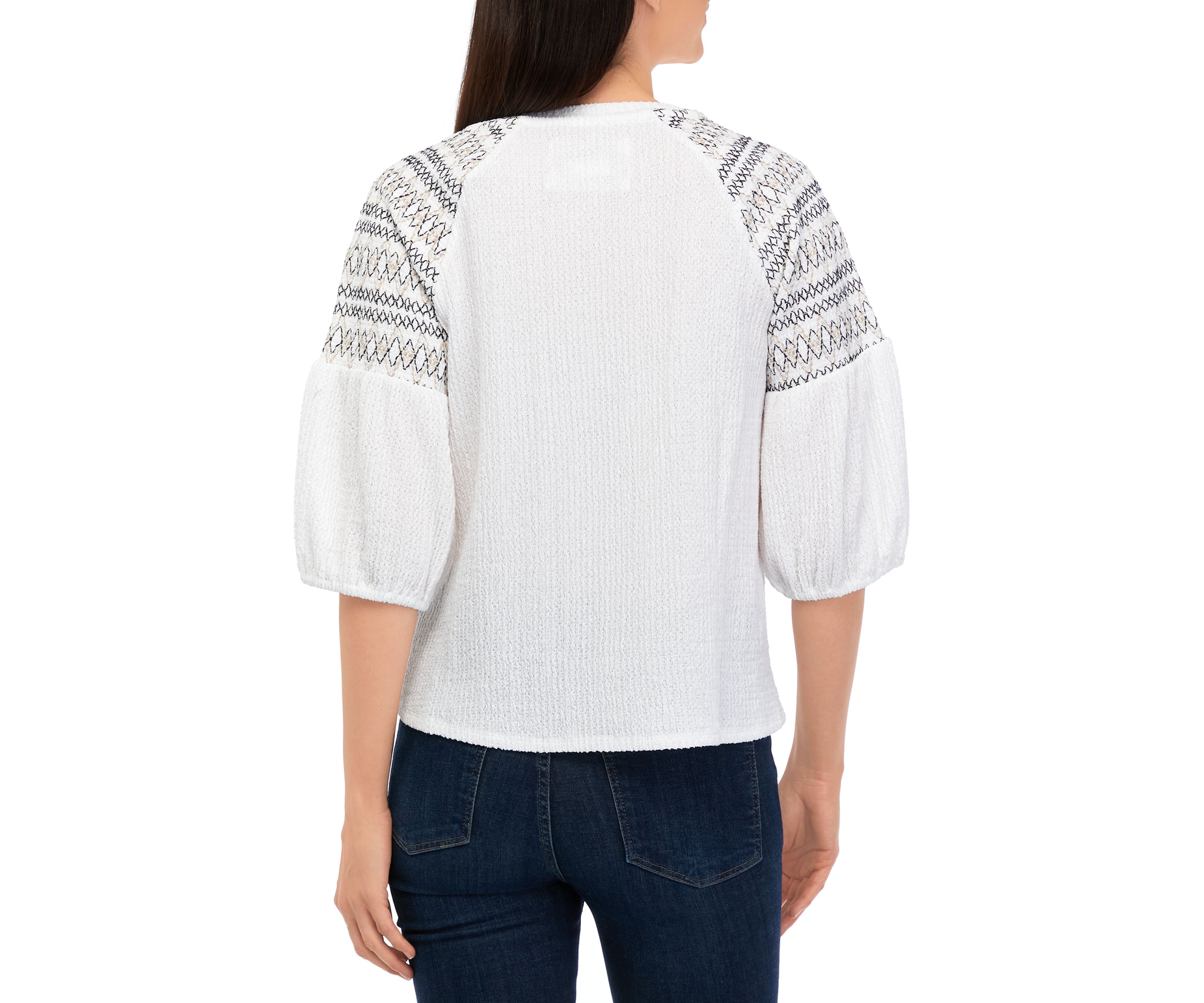 Womens 3/4 Sleeve Embroidered Gauze Top