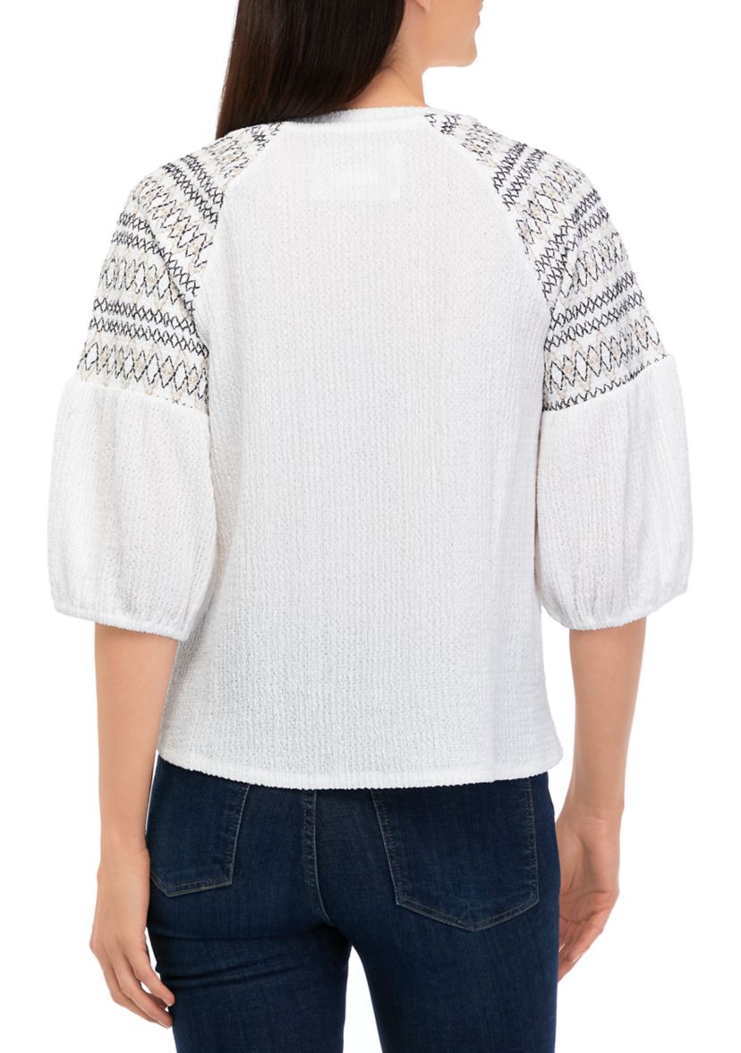 Womens 3/4 Sleeve Embroidered Gauze Top