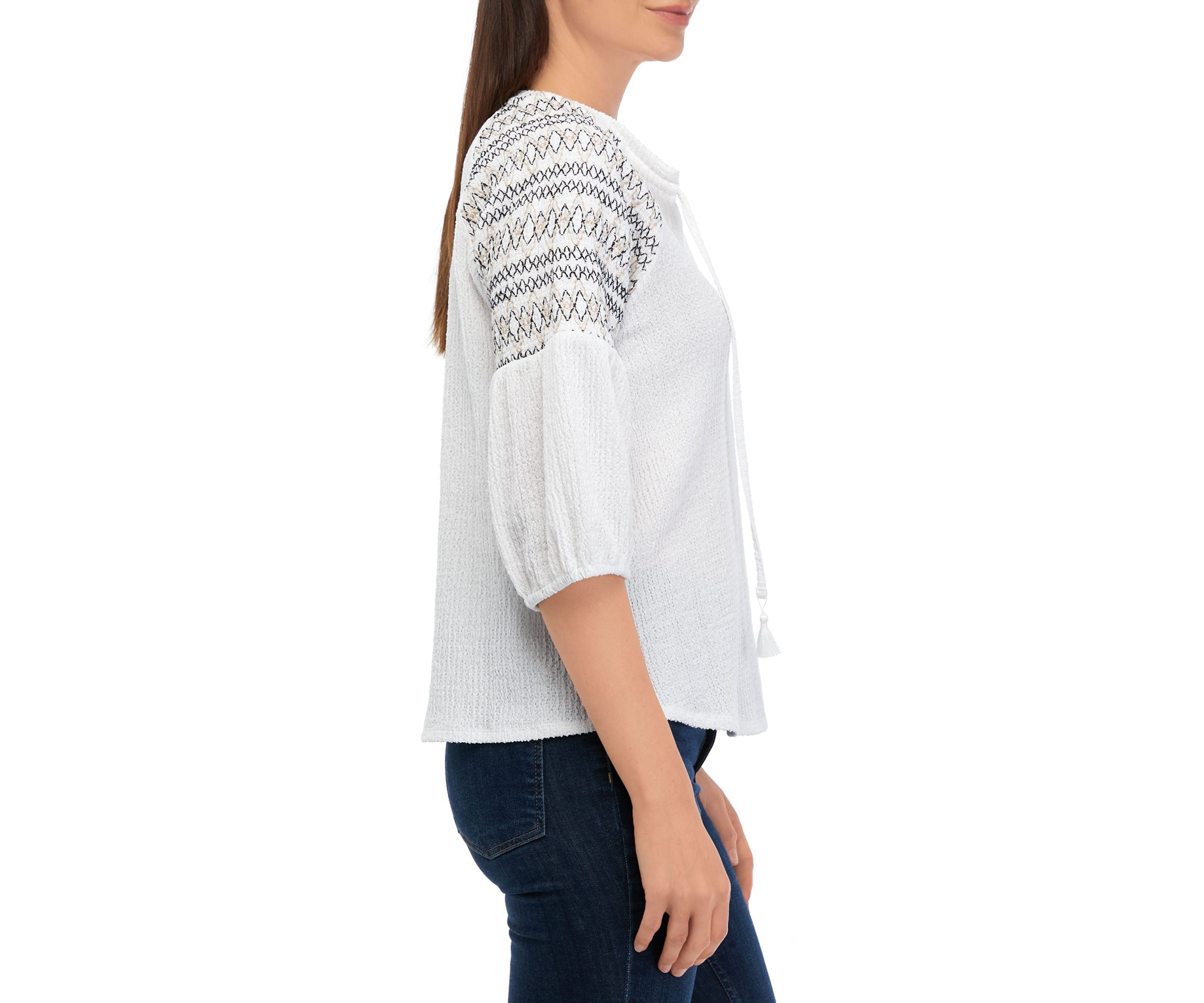 Womens 3/4 Sleeve Embroidered Gauze Top