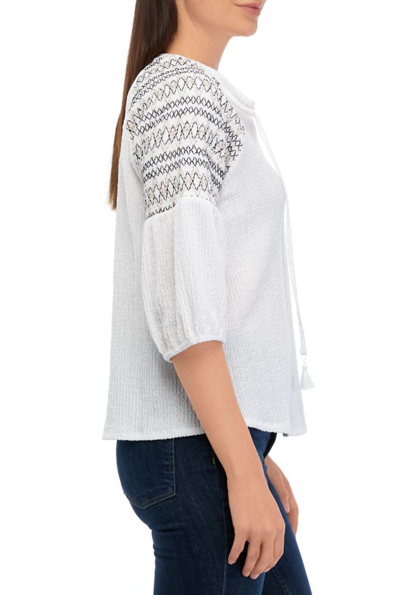 Womens 3/4 Sleeve Embroidered Gauze Top