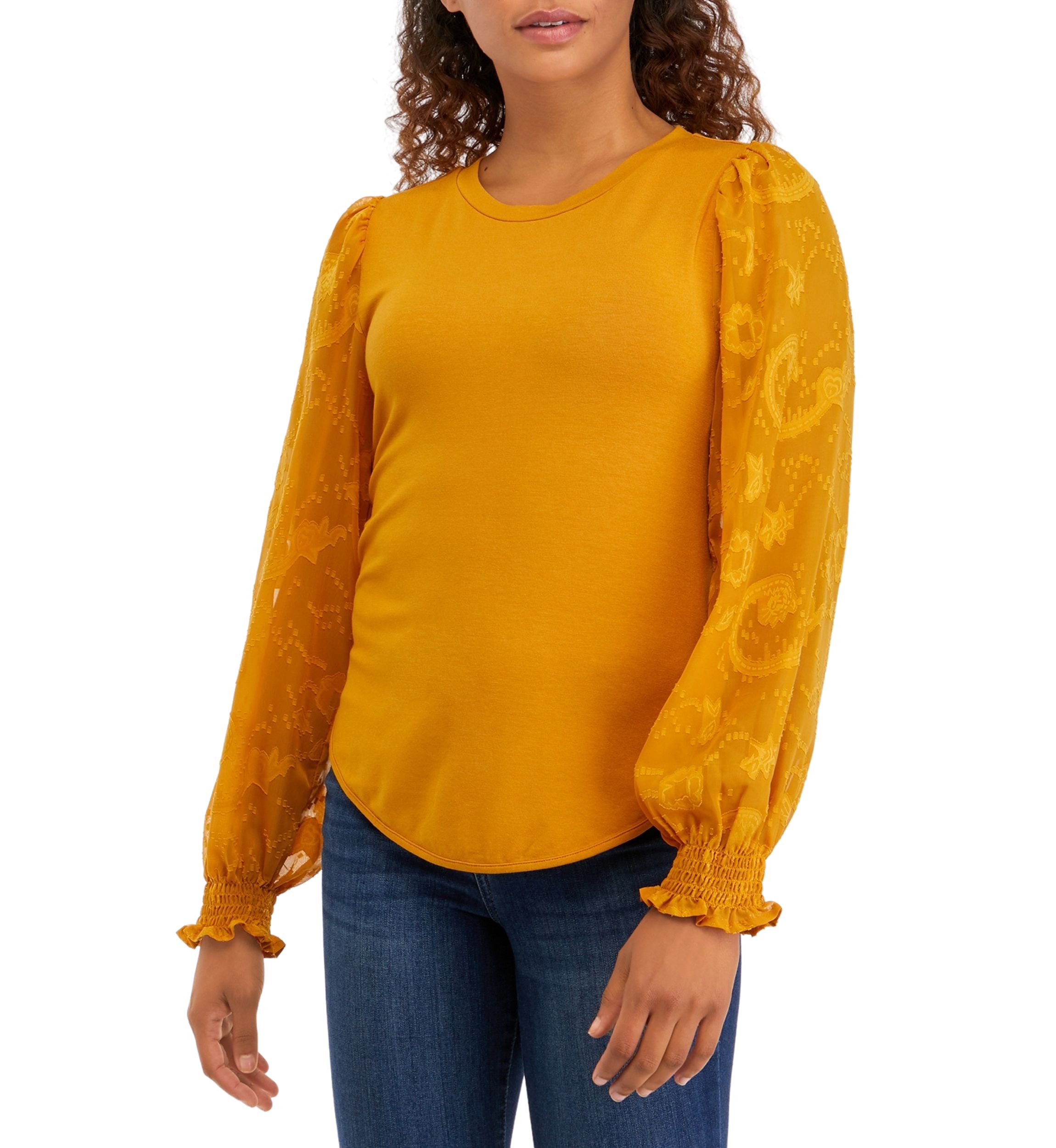 Womens Blouson Sleeve Smile Hem Top