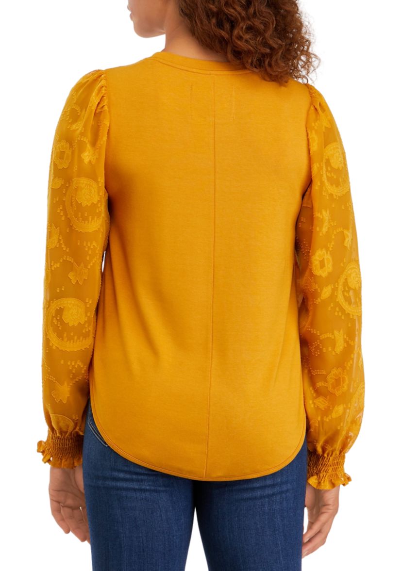 Womens Blouson Sleeve Smile Hem Top