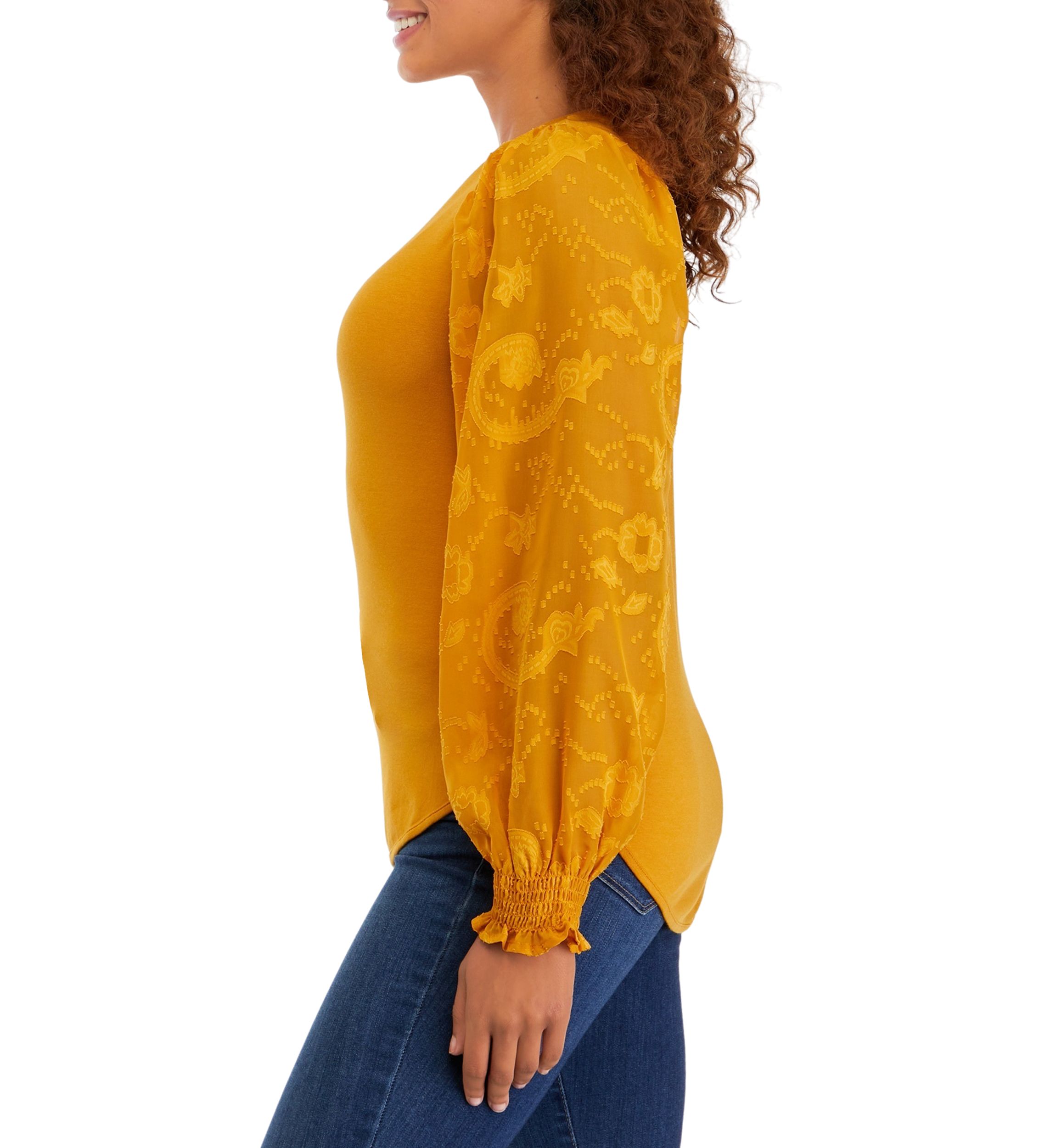 Womens Blouson Sleeve Smile Hem Top