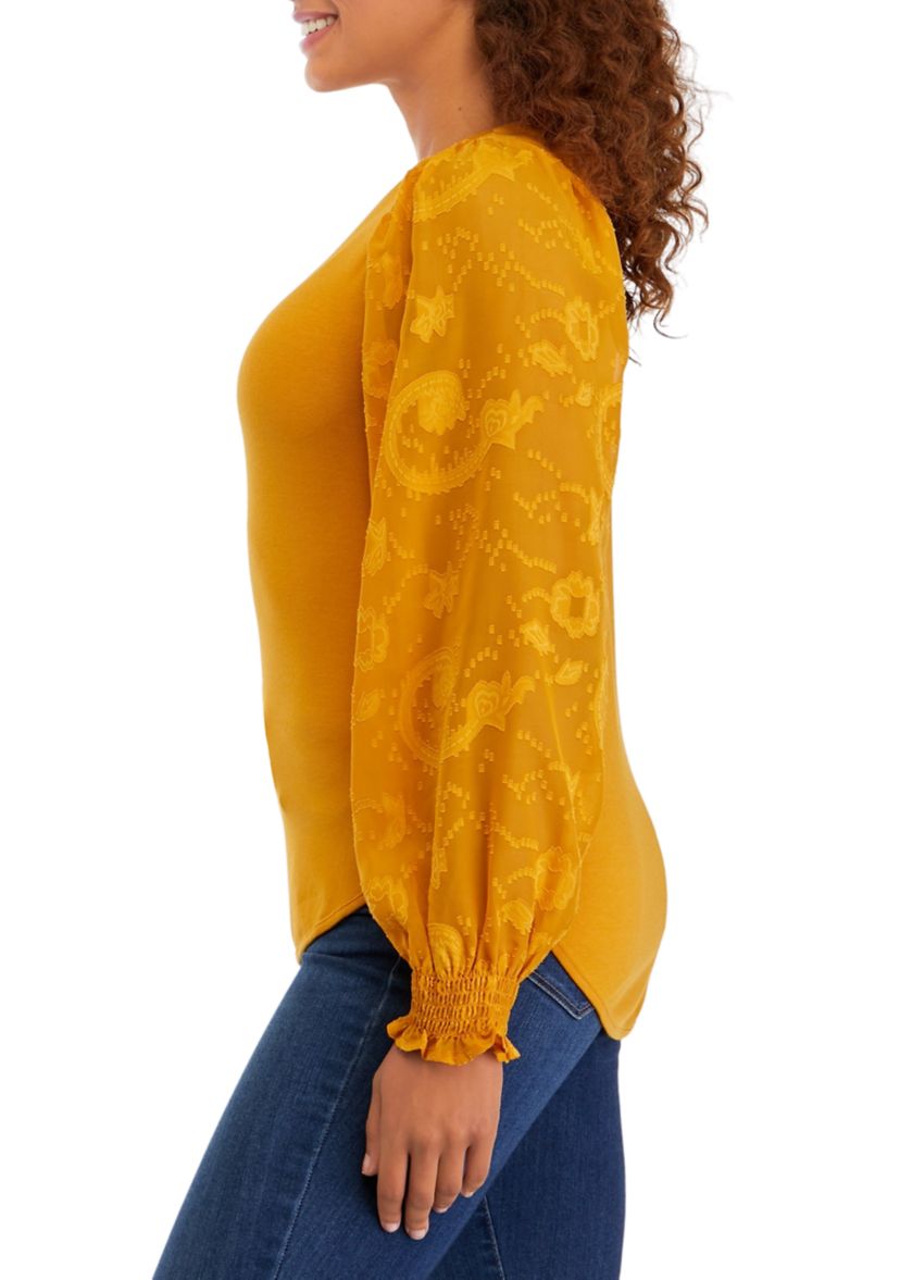 Womens Blouson Sleeve Smile Hem Top