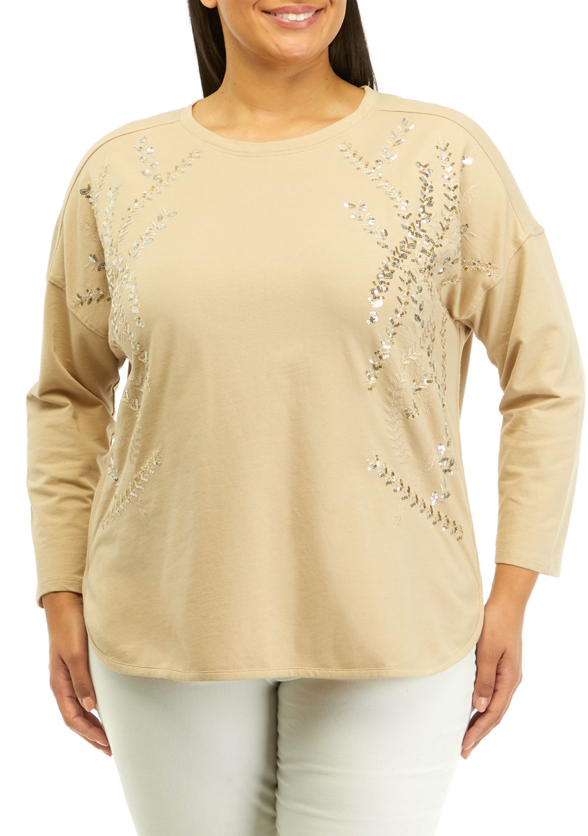 Plus Size Long Sleeve Embellished Smile Hem Knit Pullover Top